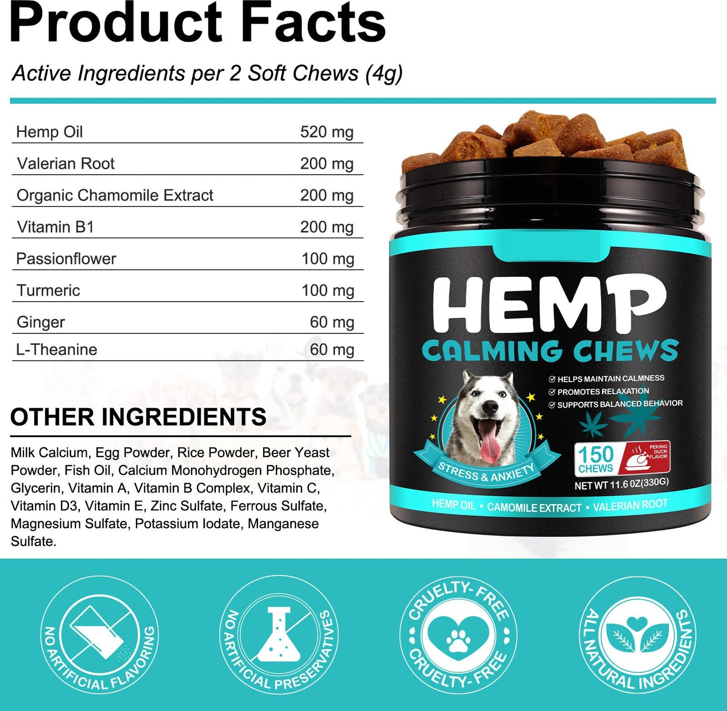 Bieyoc Calming Chews for Dogs 150PCS, Natural Ingredients Calming Treats for Dog Anxiety Relief, Hemp Calming Chews for Dogs Separation, Barking, Thunderstorms, Dog Calming Chews with Melatonin