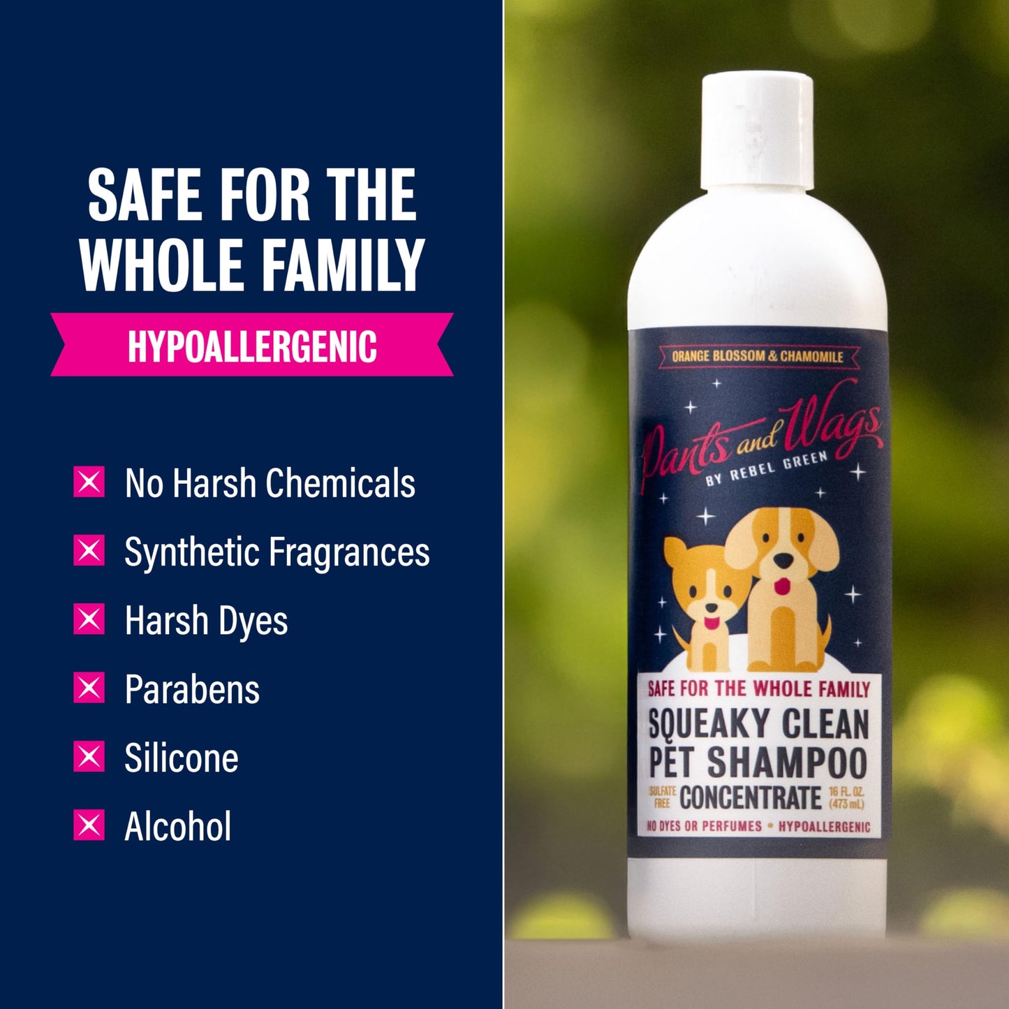 Pants & Wags by Rebel Green Squeaky Clean Pet Shampoo Concentrate - Orange Blossom & Chamomile - Hypoallergenic - No Dyes or Perfumes - 16 oz - 2 Pack