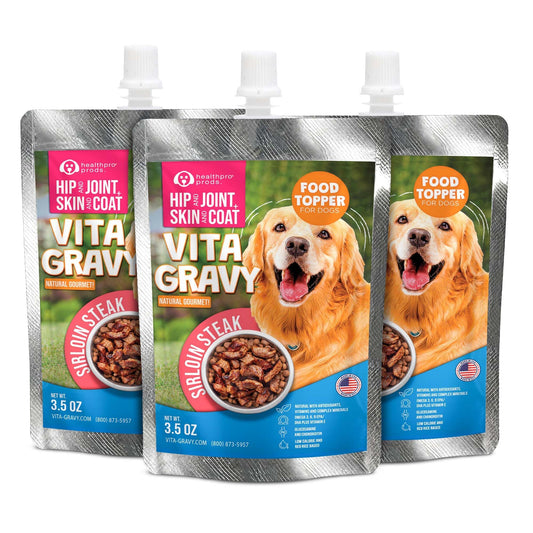Healthpro VitaGravy® Dog Food Topper, Natural Dog Treat. Real, Sirloin Steak Purée Delicious and Delightful. Dogs Love its Irresistable Real Human, Food-Grade Ingredients! 3.5oz, 3 Pk