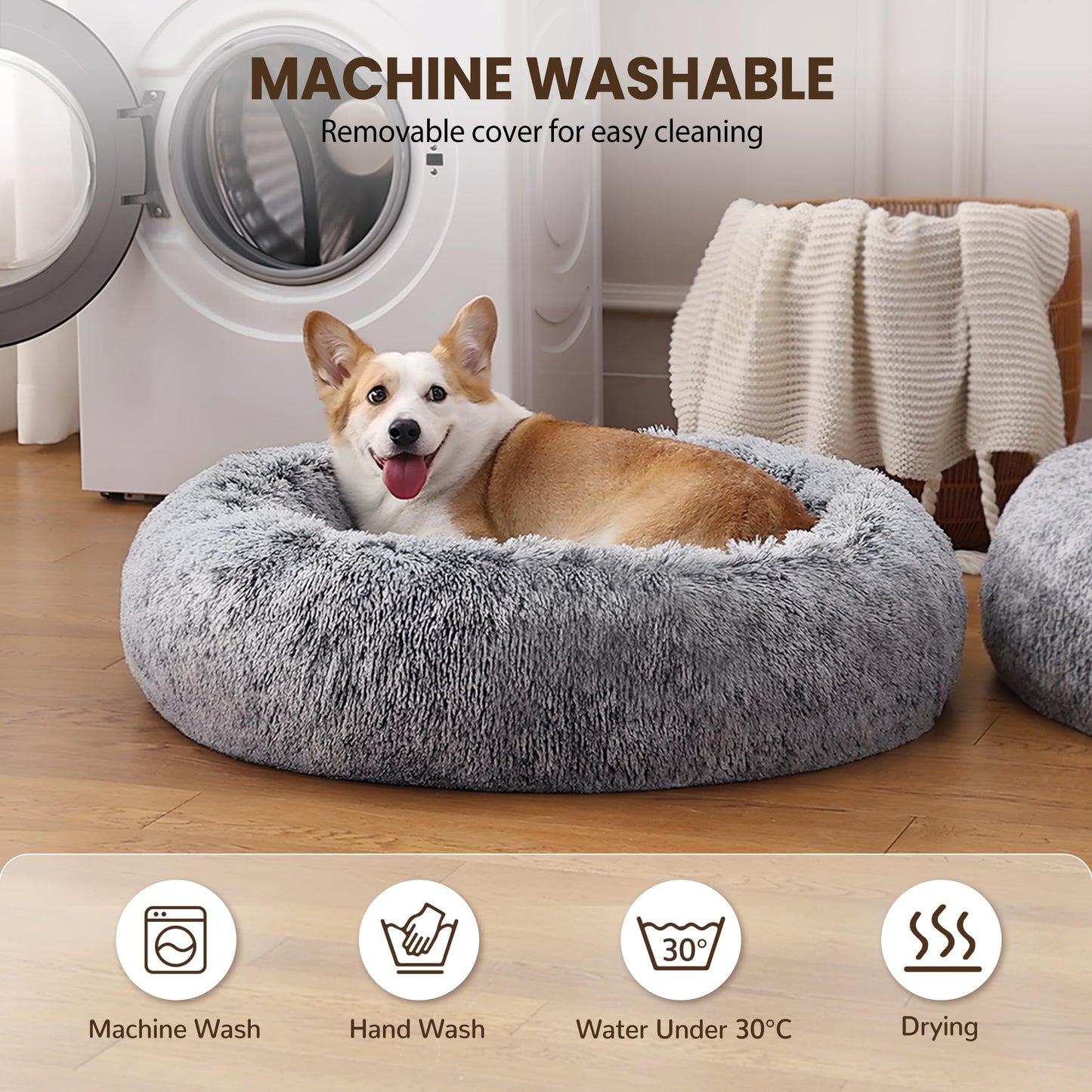 Warmrest Calming Dog Bed - Donut Washable Medium Size Round Pet Bed for Dogs and Cats, 30 inches Anti-Slip Fluffy Faux Fur Plush Cat Bed, Anti-Anxiety Cushion with Anti-Slip Bottom