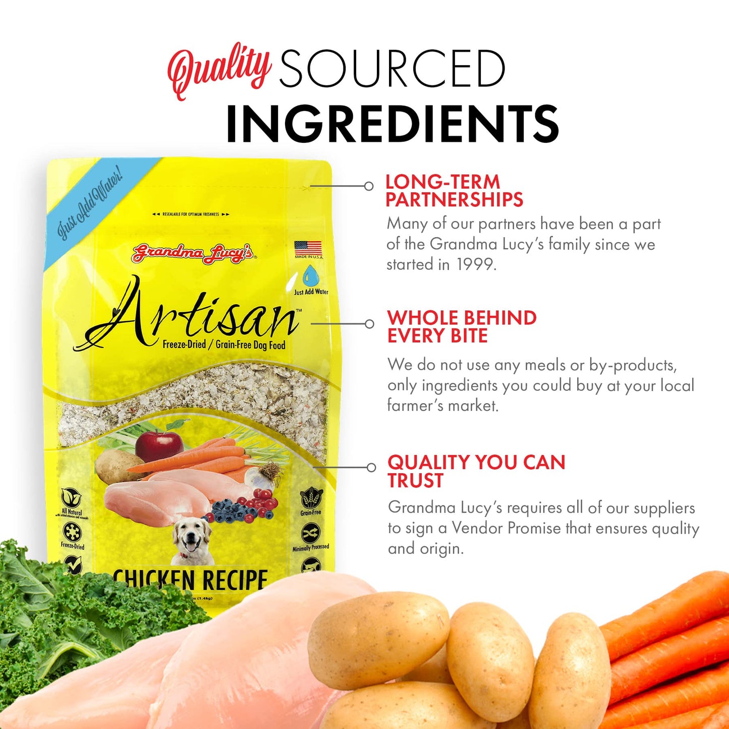 Grandma Lucy's Artisan Dog Food, Grain Free and Freeze-Dried - Artisan Chicken, 1Lb Bag