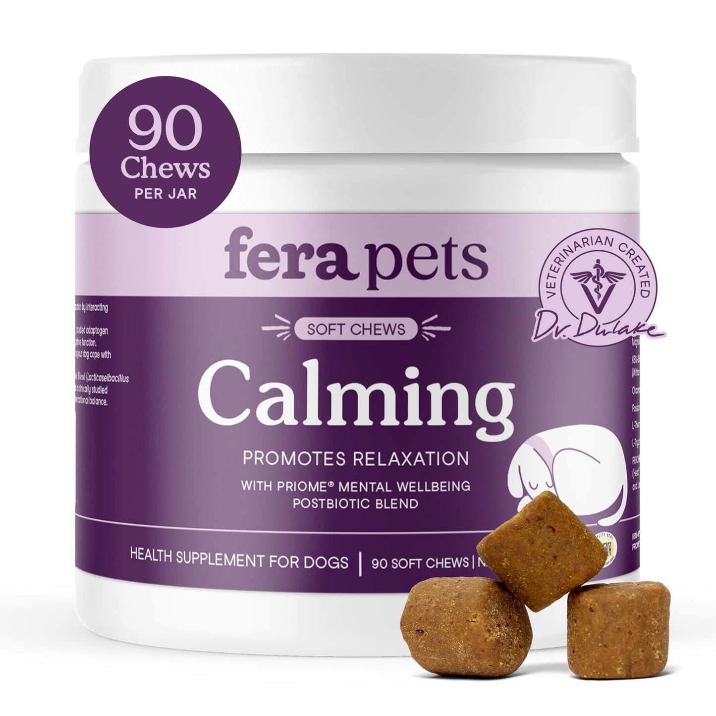Fera Pets Dog Calming Chews - Anxiety Relief Support - Promotes Relaxation - Ashwagandha & Priome® Mental Wellbeing Postbiotic Blend - 90 Soft Chews