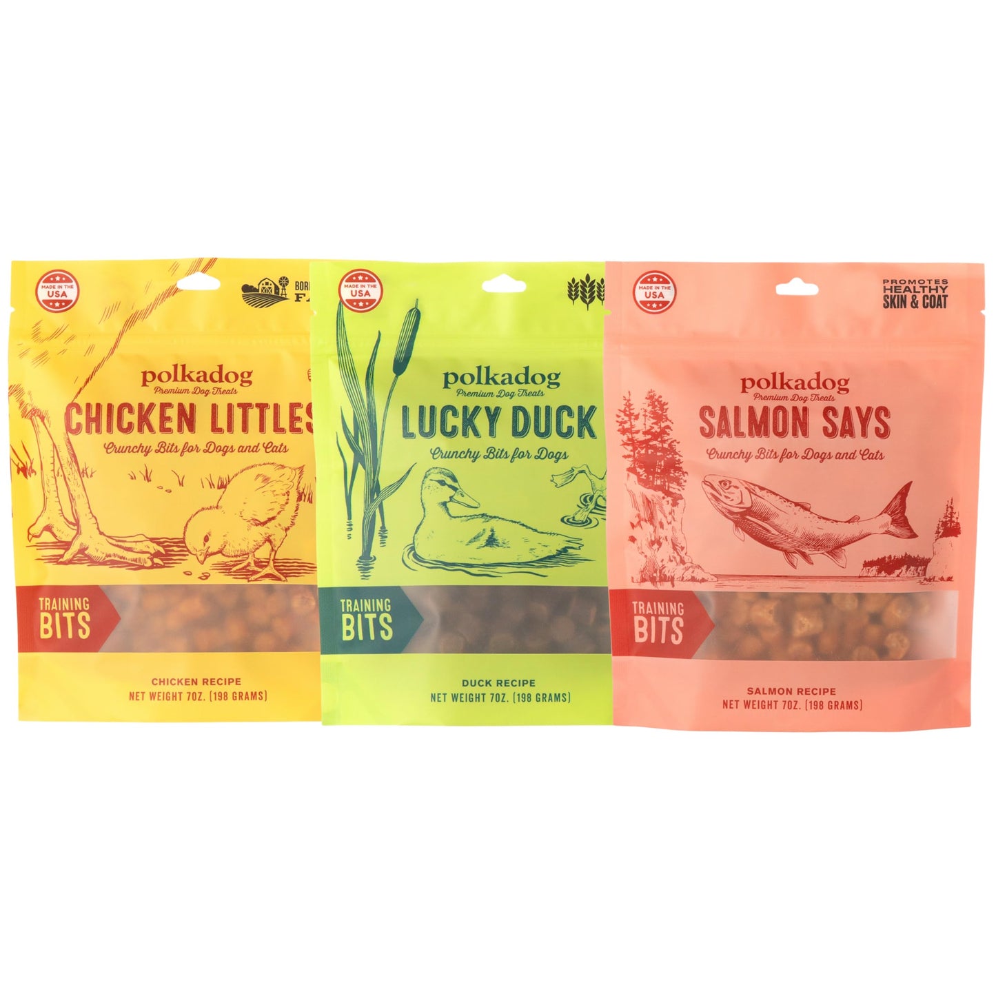 Polkadog Crunchy Training Bits Variety 3-Pack – Includes Chicken Littles, Lucky Duck, Salmon Says – All Natural Training Treats, Handcrafted in USA. Great for Dogs with Allergies – 7oz (Pack of 3)