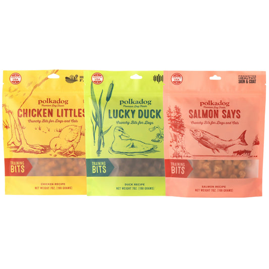 Polkadog Crunchy Training Bits Variety 3-Pack – Includes Chicken Littles, Lucky Duck, Salmon Says – All Natural Training Treats, Handcrafted in USA. Great for Dogs with Allergies – 7oz (Pack of 3)
