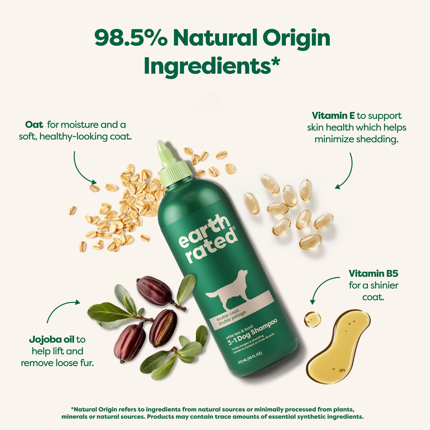 Earth Rated 3-in-1 Deshedding Dog Shampoo and Conditioner, Deodorizing Oatmeal Shampoos for Dogs and Puppies, Great for Smelly Pets, White Tea and Basil Scent, 16 oz