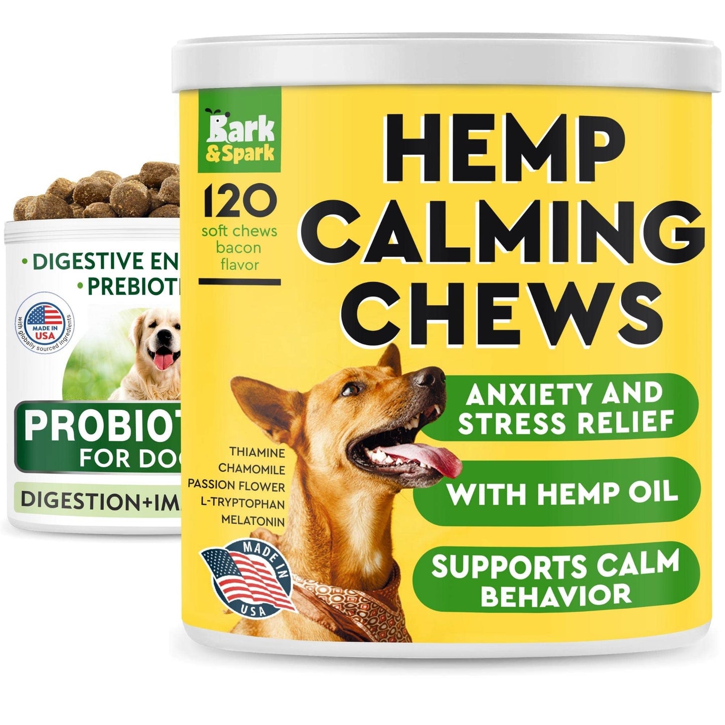 Calming Hemp + Dog Probiotics Bundle - Hemp Oil + Digestive Enzymes + Prebiotics - Anxiety Relief + Gas, Diarrhea, Allergy, Constipation, Upset Stomach Relief - Digestion + Immunity - 300 Soft Chews