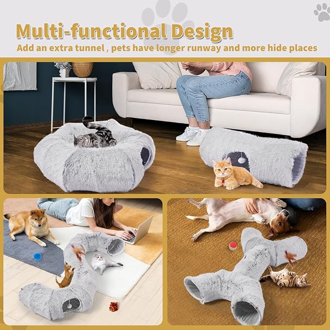 Odoland 5 Shapes Cat Tunnels with Fluffy Bed - Indoor Cats Cave Tunnels with 20 Pet Toys, DIY Kittens Donut Tunnel and Variety Kitten Toy Set for Puppy Rabbit