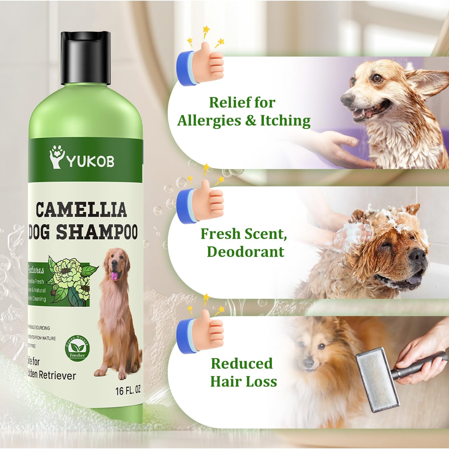 Golden Retriever Shampoo for Sensitive Skin - Natural Camellia Deshedding Pet Shampoo | Allergy & Itch Relief | Reduce Shedding & Odor Control for Smelly Dogs | Botanical Scent |16 oz