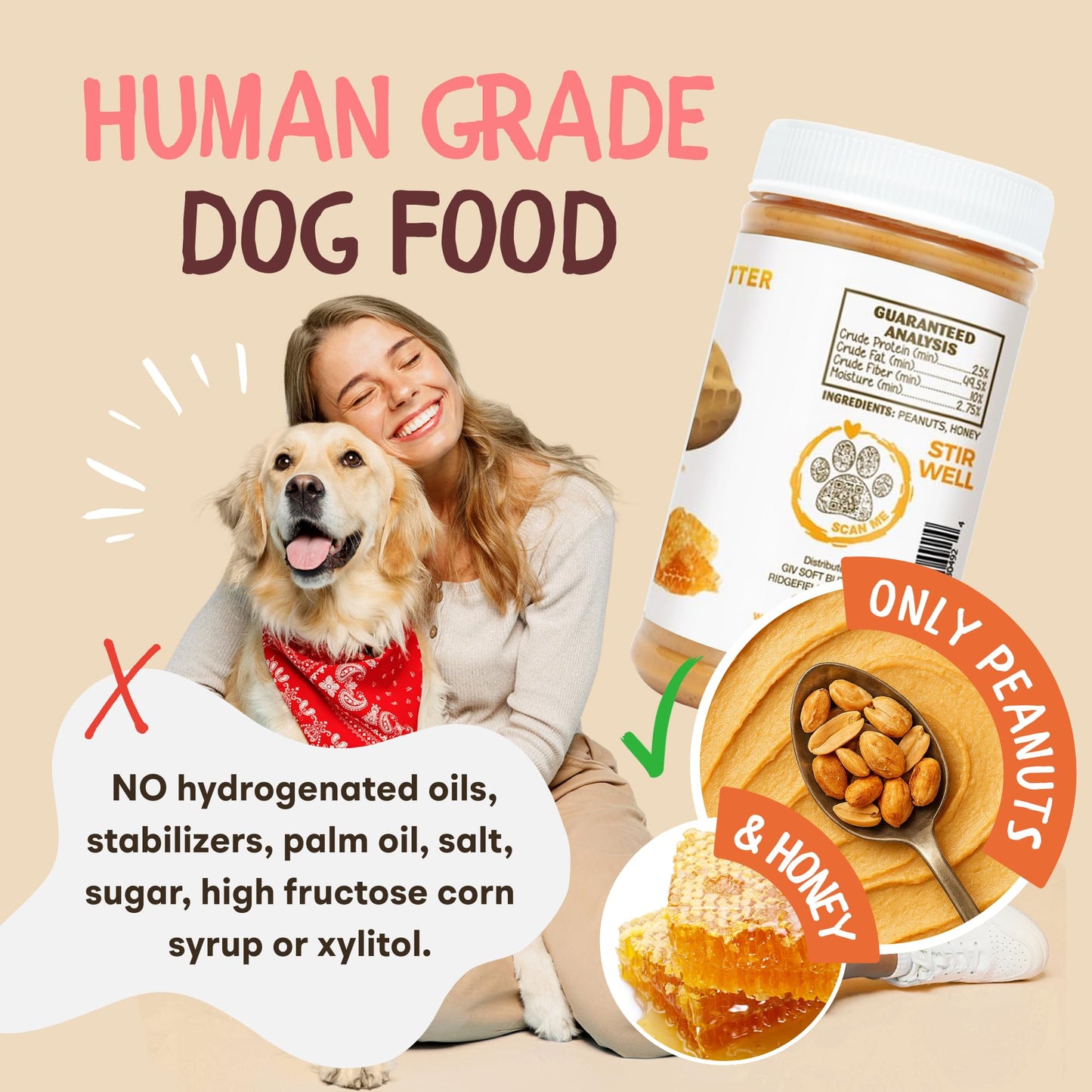 Dog Peanut Butter - All Natural Human Grade - 2 Ingredients (Peanuts & Honey) - Perfect for Pill Pockets, Lick Mat, Training Treats and Healthy Food, 4oz Pouches (Pack of 9)