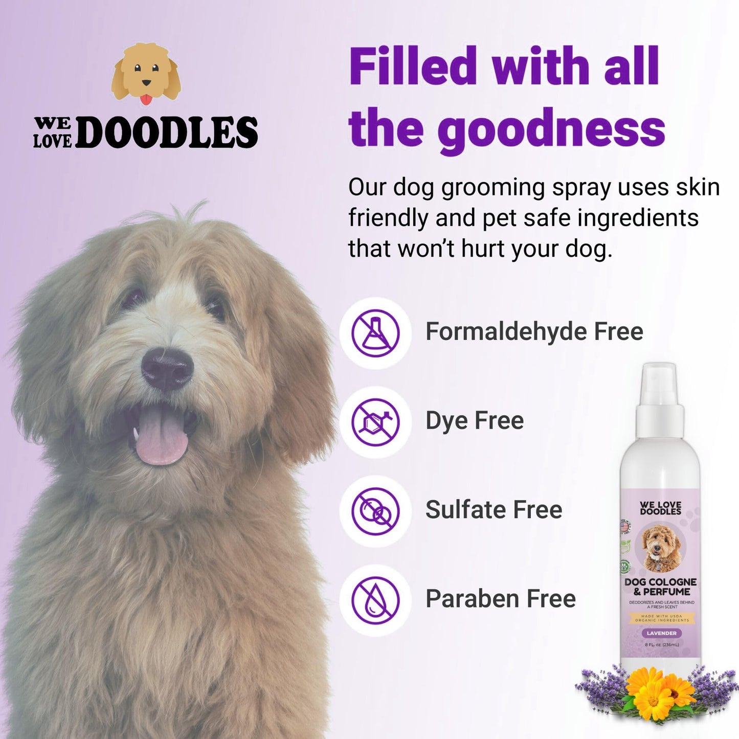 We Love Doodles Dog Cologne & Perfume and 4-in-1 Dog Shampoo, Conditioner & Detangler (Lavender) Bundle - Deodorant For Smelly Dogs & Shampoo for Goldendoodles, Poodles & Doodles Kit - Made In USA