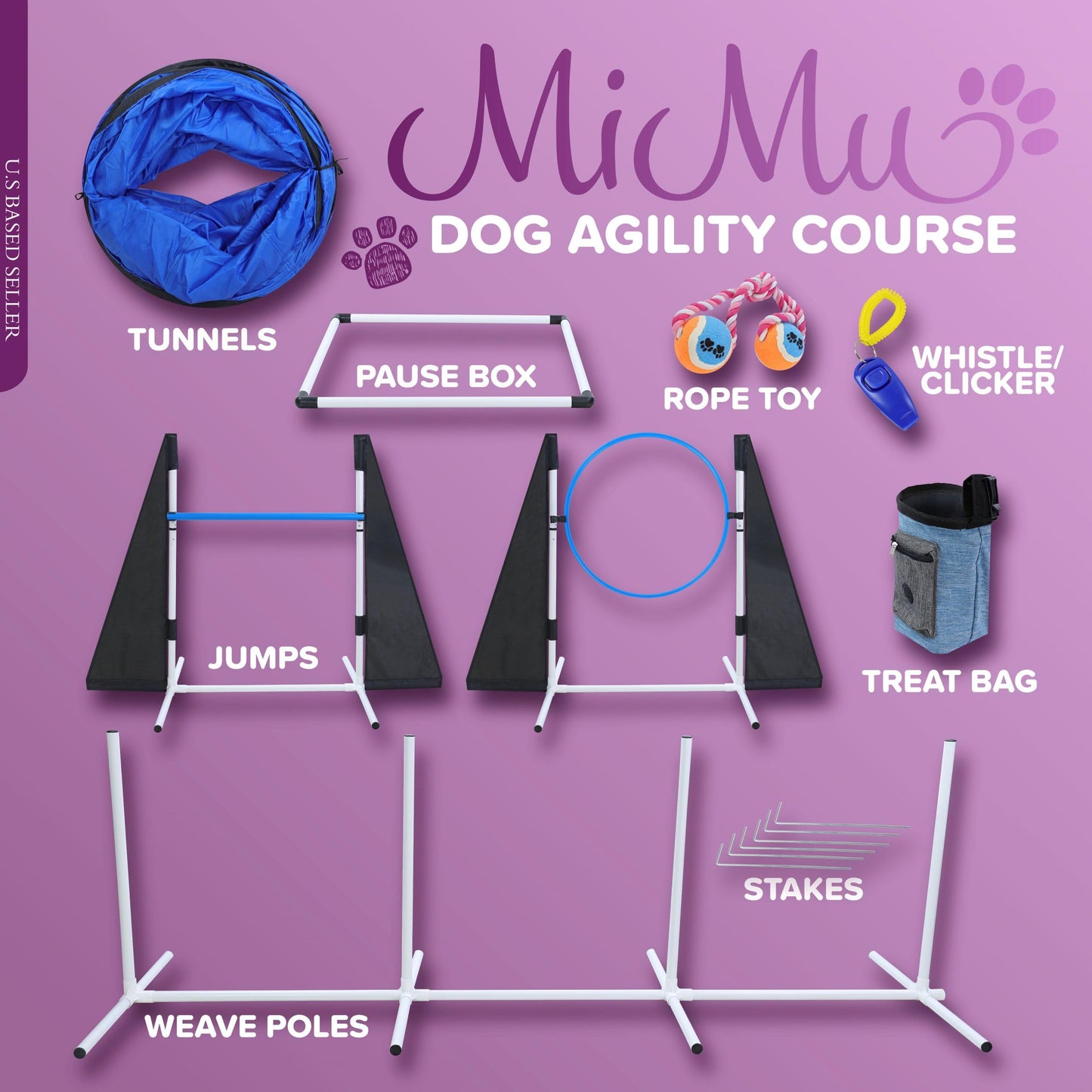 MiMu Dog Agility Equipment 10pc Obstacle Course - Customizable Dog Agility Training Equipment and Obstacle Course, Dog Agility Course Including Tunnels, Weave Poles, and Hurdles
