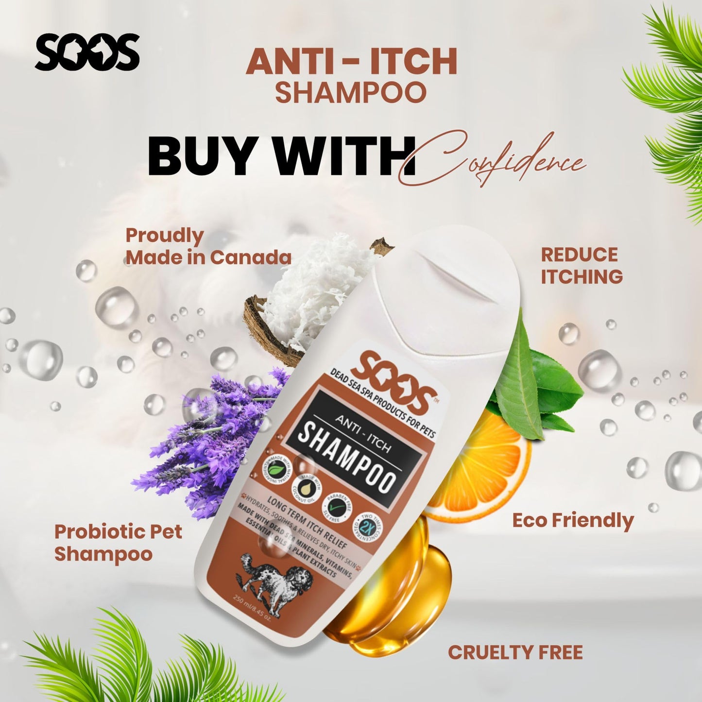 Soos Pet Shampoo Anti-Itch Cat and Dog Shampoo Dead Sea Minerals Fast Absorbing Soothes Itching Clean Fur with Vitamins Essential Oils Natural Ingredients - 1x Bottle (250ml)
