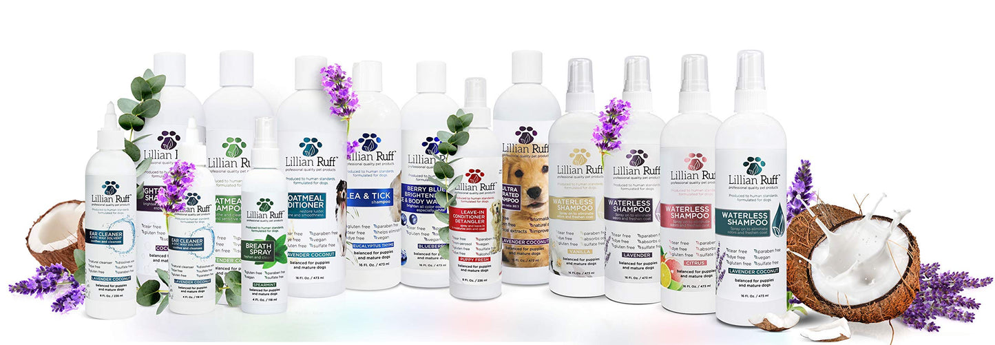 Lillian Ruff PRO Formula Oatmeal Dog Conditioner - Nourishing & Calming Relief for Allergies & Sensitive Skin - Detangles, Softens & Adds Shine with Oatmeal, Coconut Oil & Lavender - USA (16oz+Brush)
