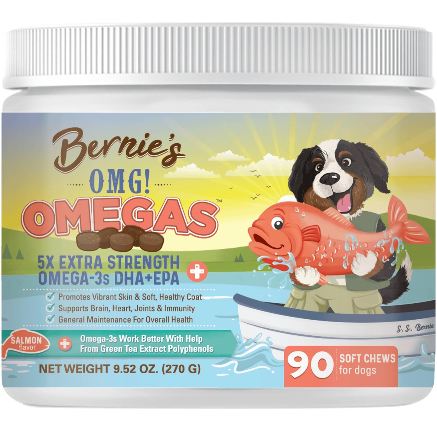 Bernie’s OMG! Omegas Chews for Dogs - 5X Extra Strength DHA+EPA, Fish Oil, Healthy Skin & Coat, Allergy Relief, Joint Supplement (Salmon Flavor)