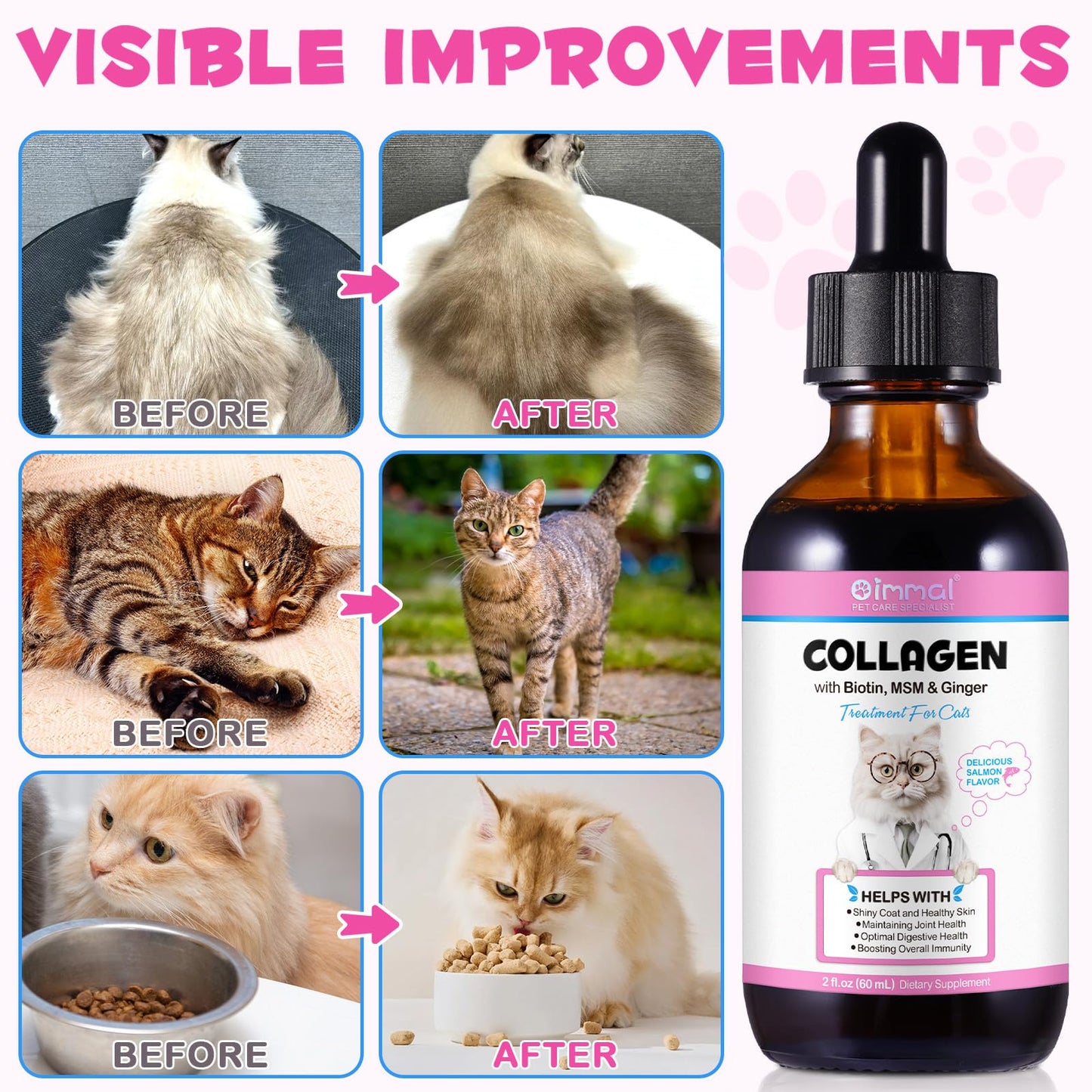 Collagen for Cats, Daily Liquid Collagen Drops for Cats with Allergies, Biotin, Vitamin C and Hyaluronic Acid, Improves Mobility Skin and Coat Health, Itch Relief for Cat, Salmon Flavor, 60ML