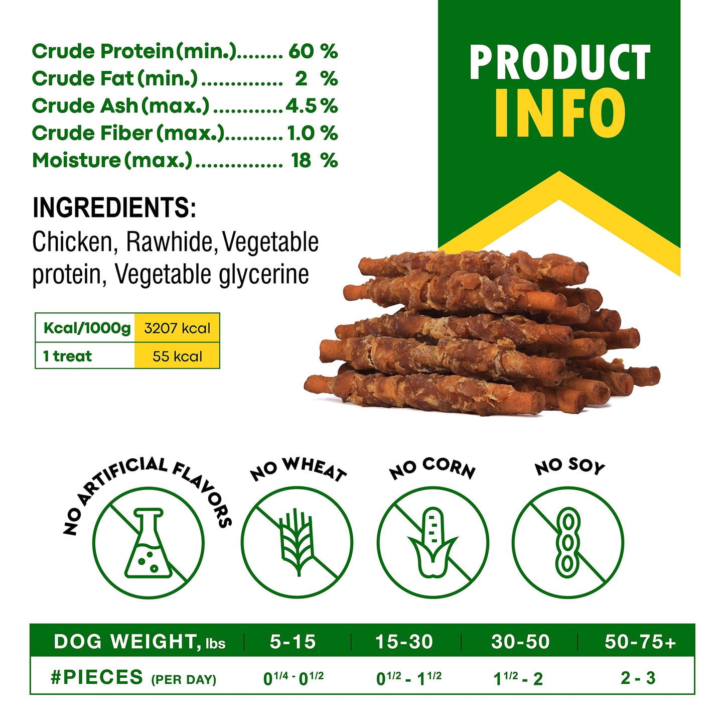 Dog Treats Rawhide Sticks Wrapped with Chicken 11 oz Pet Natural Chew Treats - Grain Free Meat & Human Grade Dried Snacks - Best for Small & Large Dogs (10.6 Ounce (Pack of 1), Smoked Chicken)