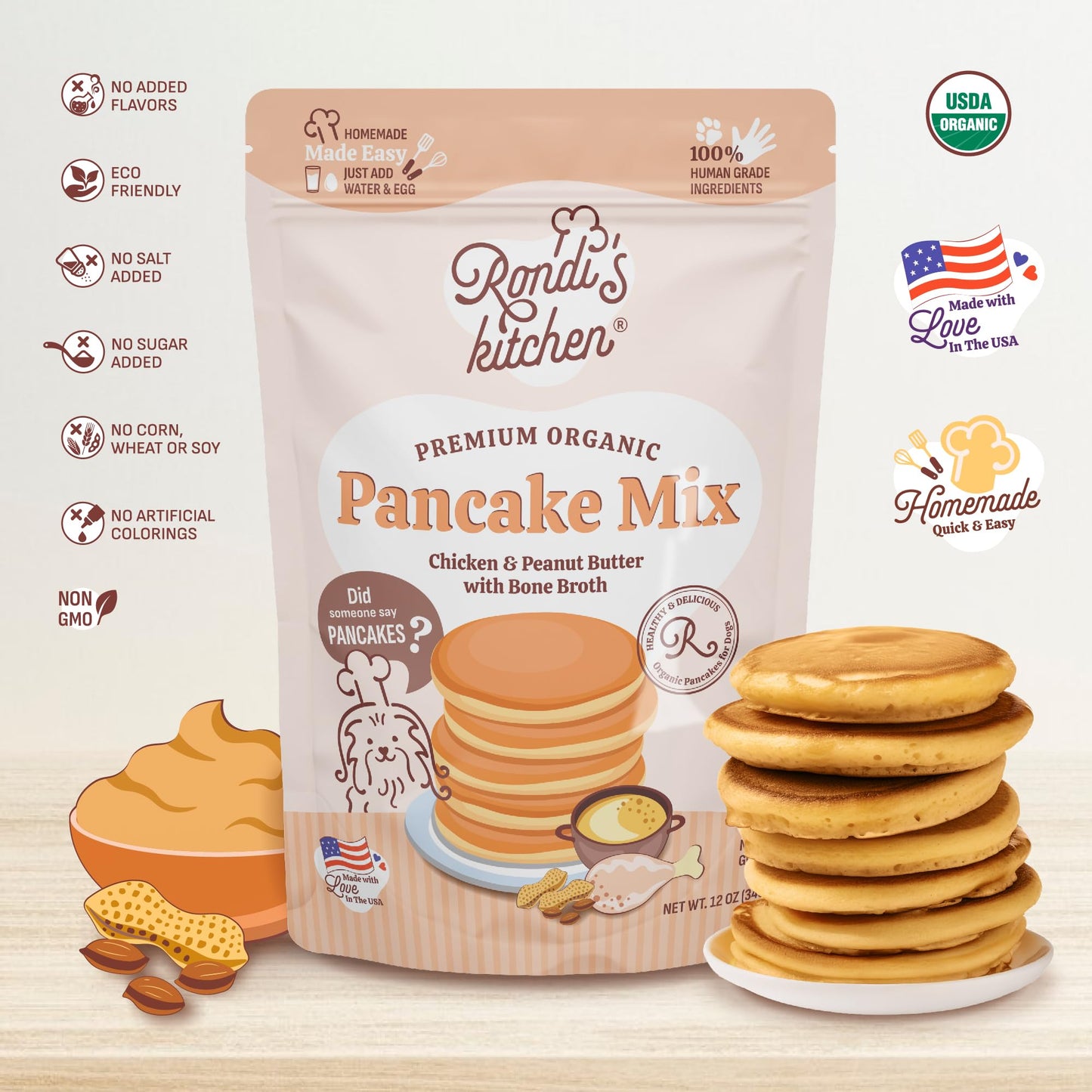Rondi's Kitchen Pancake Mix for Dogs - Premium All-Natural & Organic Dog Treats, Healthy Dog Snacks for All Ages & Sizes, Made with Human-Grade Ingredients - Chicken & Peanut Butter