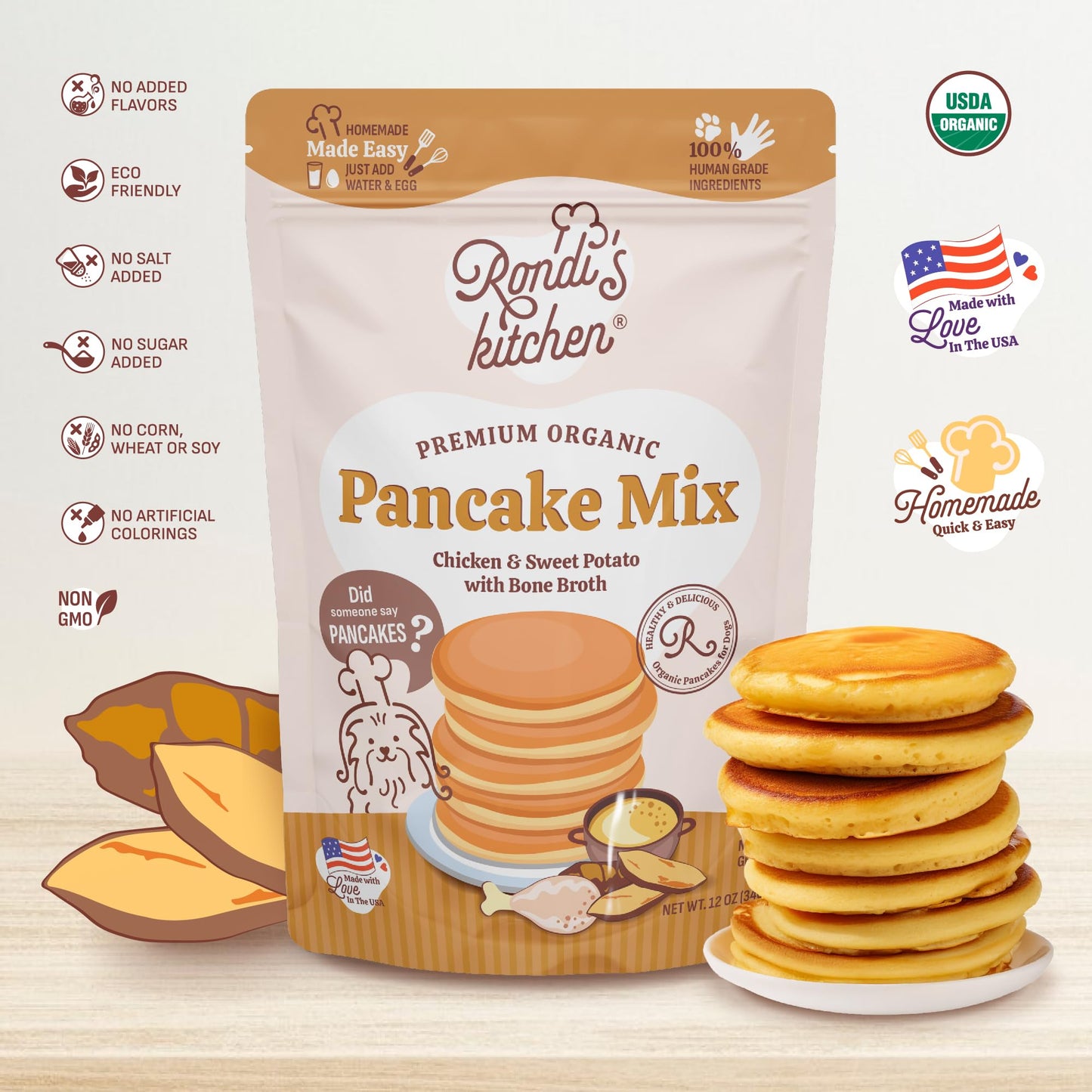 Rondi's Kitchen Pancake Mix for Dogs - Premium All-Natural & Organic Dog Treats, Healthy Dog Snacks for All Ages & Sizes, Made with Human-Grade Ingredients - Chicken & Sweet Potato