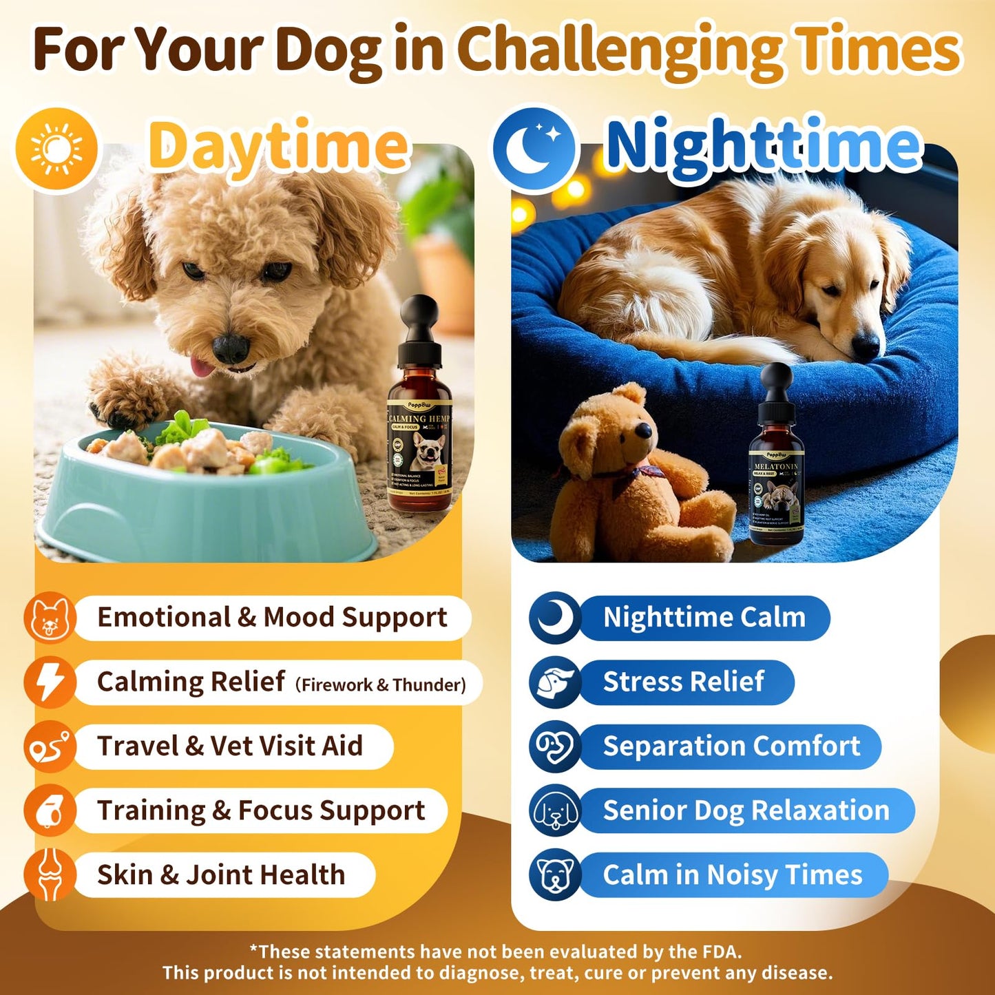 POPPAW Dog Calming & Melatonin Drops, Day & Night Calm Support Set, Anxiety & Stress Support Calming Treat, Enhance Calmness & Sleep for Separation, Travel, Fireworks & Thunder, Bacon Flavor, 2 FL.Oz