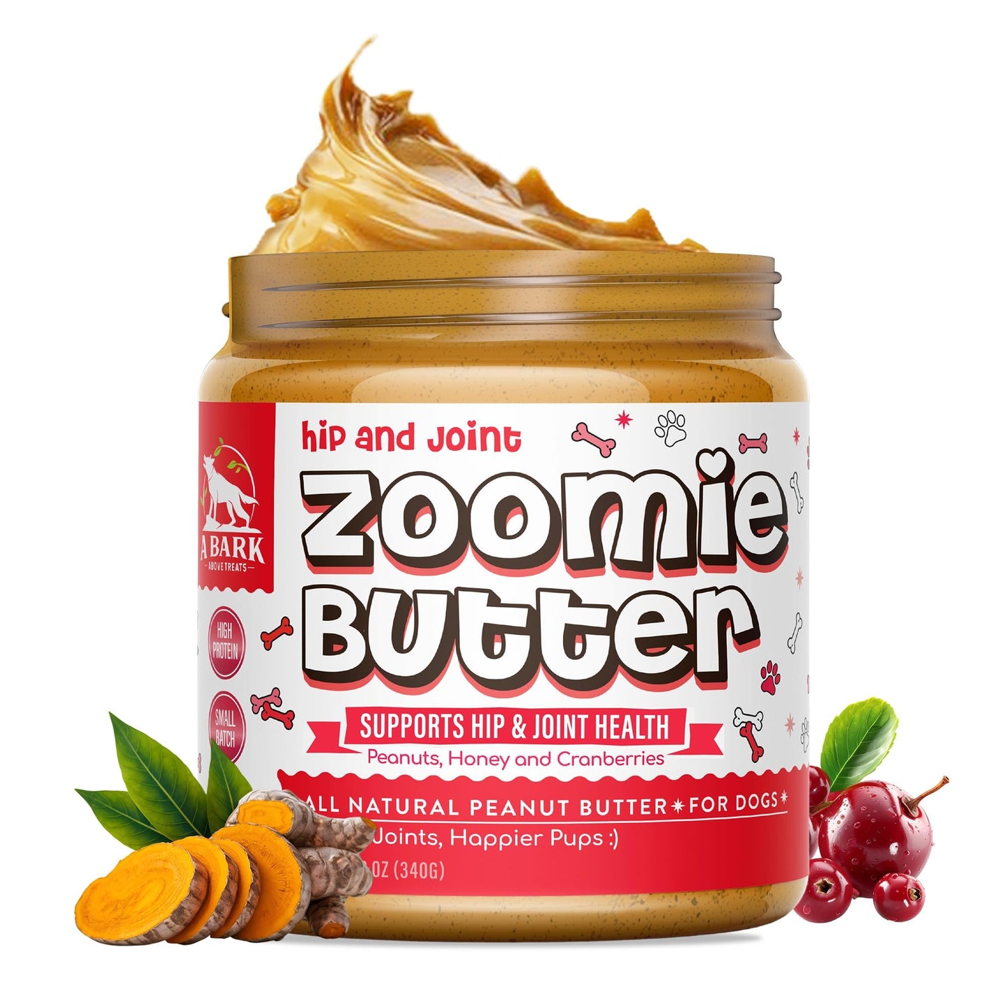 Zoomie Butter Hip & Joint Dog Peanut Butter Spread Supplement, All Natural Dog Treat. Human Grade & Safe Anti Inflammatory Puppy Food, Peanuts & Turmeric for Pain, Stiffness, Grown & Made in USA