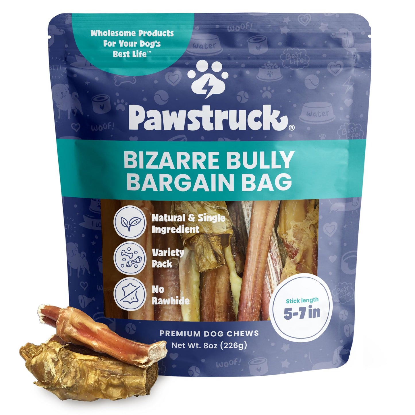 Pawstruck Natural Bizarre Bully Sticks Bargain Bag for Dogs and Puppies – Variety Pack of 5–7" Long-Lasting, Eco-Conscious Beef Chew Treats – 8 oz Bag – Packaging May Vary