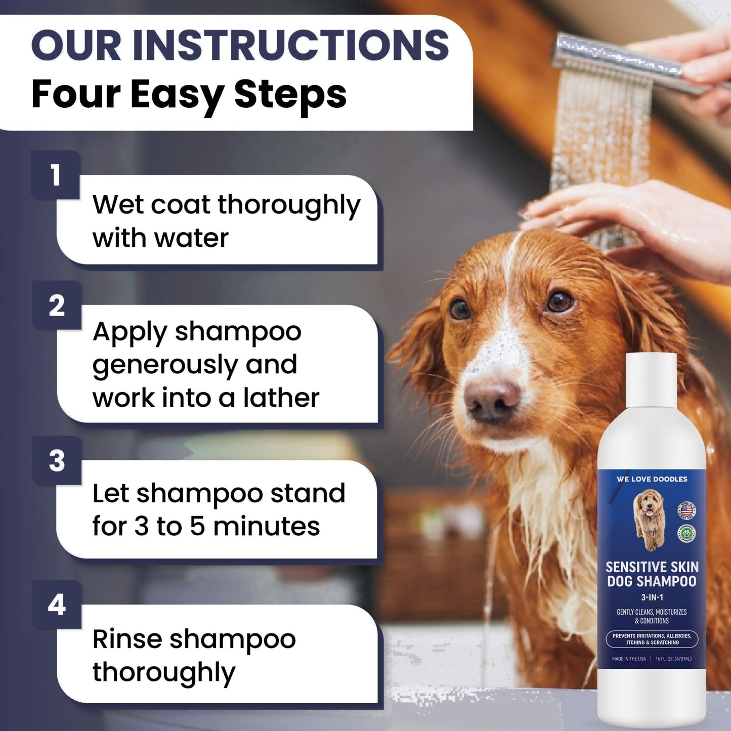 We Love Doodles Premium 3-in-1 Sensitive Skin Dog Shampoo and 2 Pack Bath Brush - for Allergies, Itching, Scratching, Made in USA, Pet Rubber Brush for Shower Scrubbing & Soothing Massage