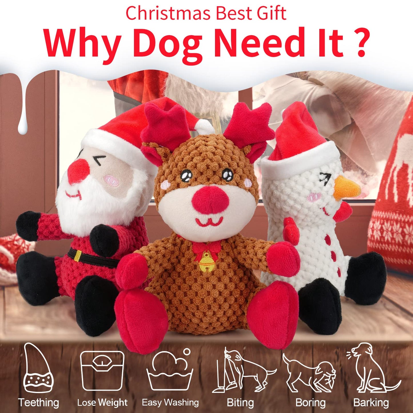 Epesiri Christmas Plush Dog Squeaky Toys for Large Breed, 3 Pack Durable Dog Toys for Medium Dogs, Cute Christmas Puppy Toys with Cotton, Tough Dog Chew Toys, Dog Toys Gift