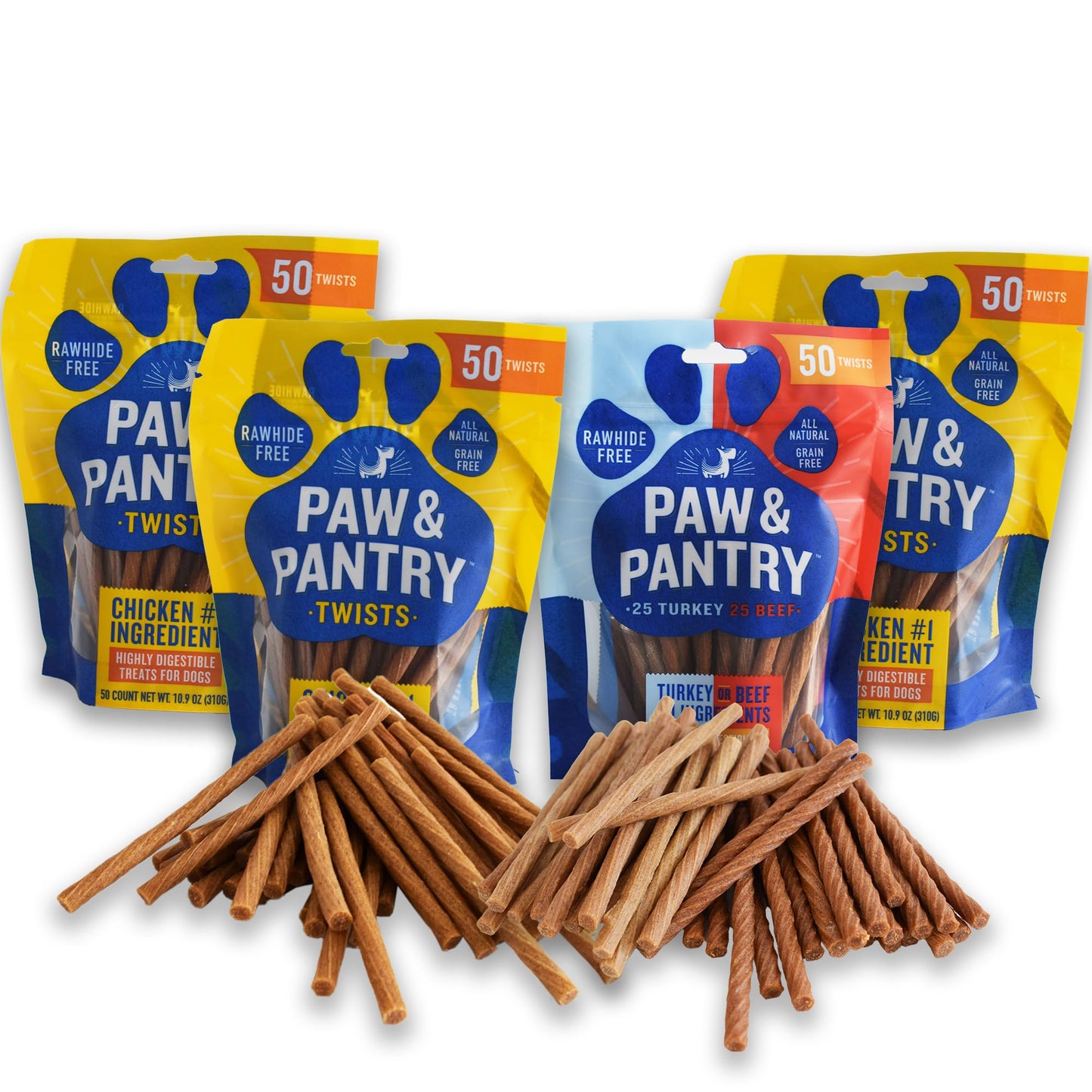 Paw & Pantry 5" Soft & Chewy Twist Sticks - (3) Packs of 50 Chicken Twists - (1) Pack of 50 Beef & Turkey Twists Dog Treats - Grain-Free & Highly Digestible Chewy Sticks for Dogs