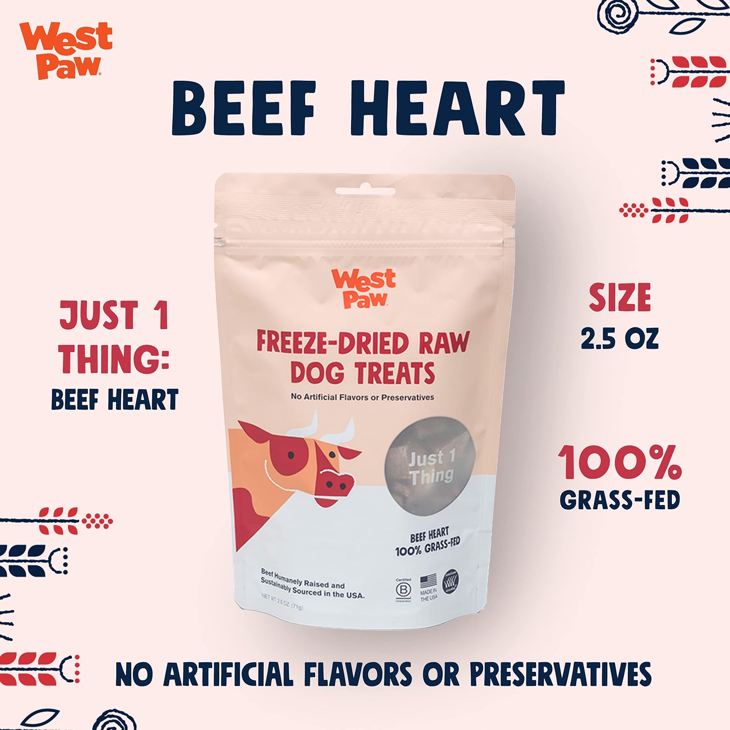 WEST PAW All-Natural Raw Freeze-Dried Dog Treats – Farm-Fresh Beef Heart Training Treats for Dogs with Iron, Folate, B-Vitamins – Wholesome Canine Treat for Puppies, Senior Dogs – 2.5 Oz.