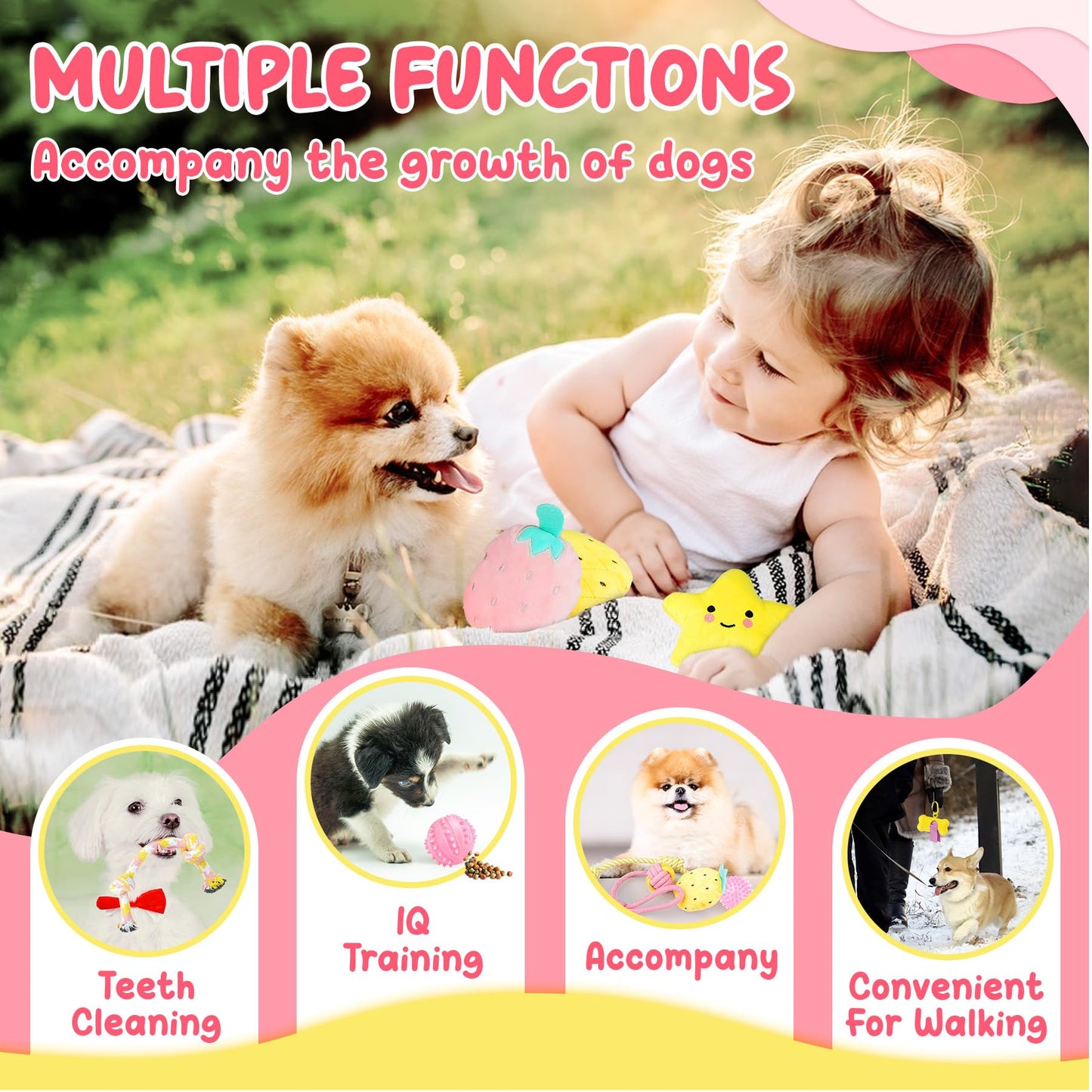 XIUGOAL Pink Puppy Toys for Teething - 23 Pack Puppy Chew Toys for Boredom, Interactive Dog Toys for Puppies, Cute Small Dog Toys with Treat Ball, Squeaky Dog Chew Toys and Ropes