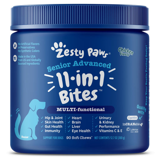 Zesty Paws Senior Dog Multivitamin Treats - Glucosamine for Dogs + Digestive Enzymes & Probiotics - Grain Free Dog Vitamins and Supplements for Skin & Coat + Immune Health Chicken - Advanced - 90ct