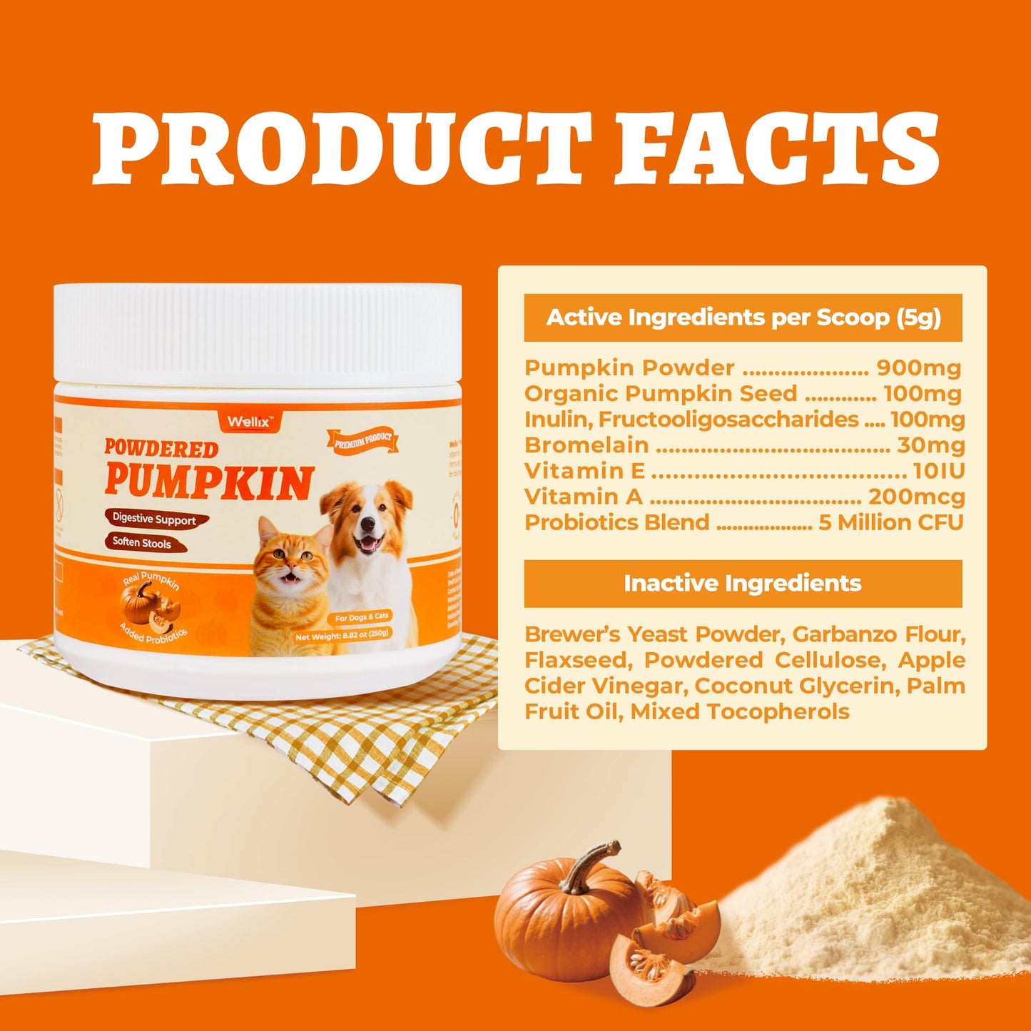 Wellix Pumpkin Powder for Dogs & Cats - Fiber Supplement, Digestion Support, Firms Stool, Dog & Cat Diarrhea, Constipation Relief, Gut Health - Food Topper for Dogs & Cats, Larger Volume