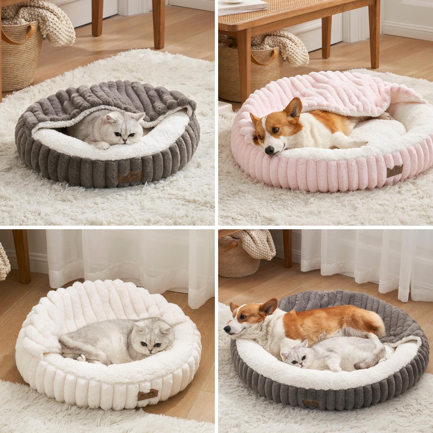 Cat Bed with Hooded Blanket, Round Fluffy Anti-Anxiety Pet Bed for Cats/Toy Breed Dogs, Cozy Donut Cuddler with Machine Washable Faux Fur & Anti-Slip Bottom(20"×20"×6",Grey)