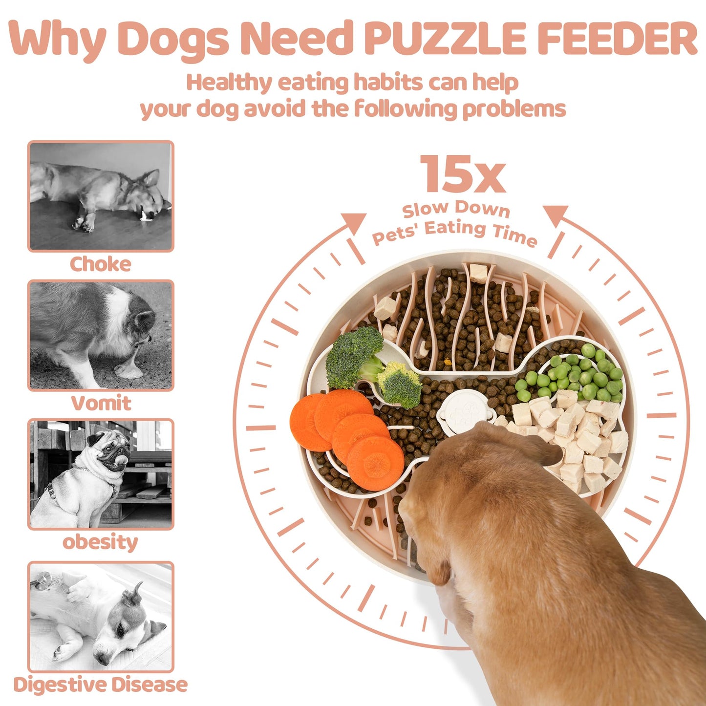 Puzzle Feeder Slow Feeder Dog Bowl for Large Dogs with Non-Slip Base - Adjustable Speed Design, Removable Puzzle Inserts & Dishwasher Safe, Pink
