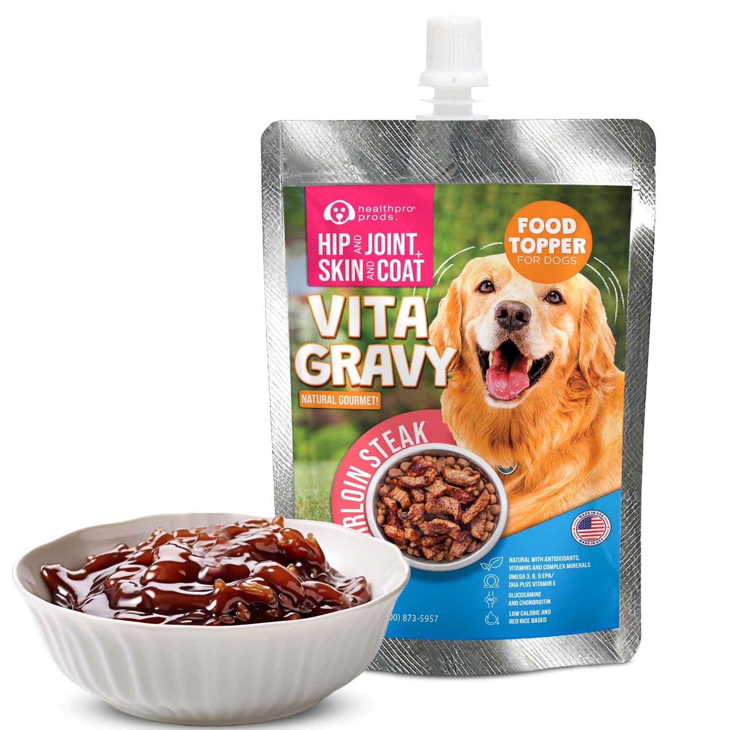 Healthpro VitaGravy® Dog Food Topper, Natural Dog Treat. Real, Sirloin Steak Purée Delicious and Delightful. Dogs Love its Irresistable Real Human, Food-Grade Ingredients! 3.5oz, 3 Pk