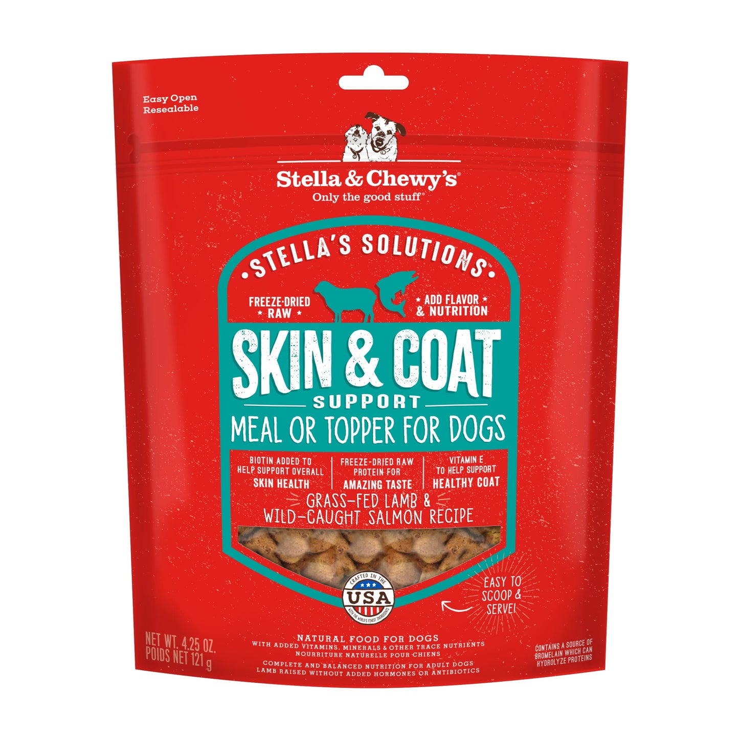 Stella & Chewy's – Stella’s Solutions Skin & Coat Boost – Grass-Fed Lamb & Wild-Caught Salmon Dinner Morsels – Freeze-Dried Raw, Protein Rich, Grain Free Dog Food – 4.25 oz Bag