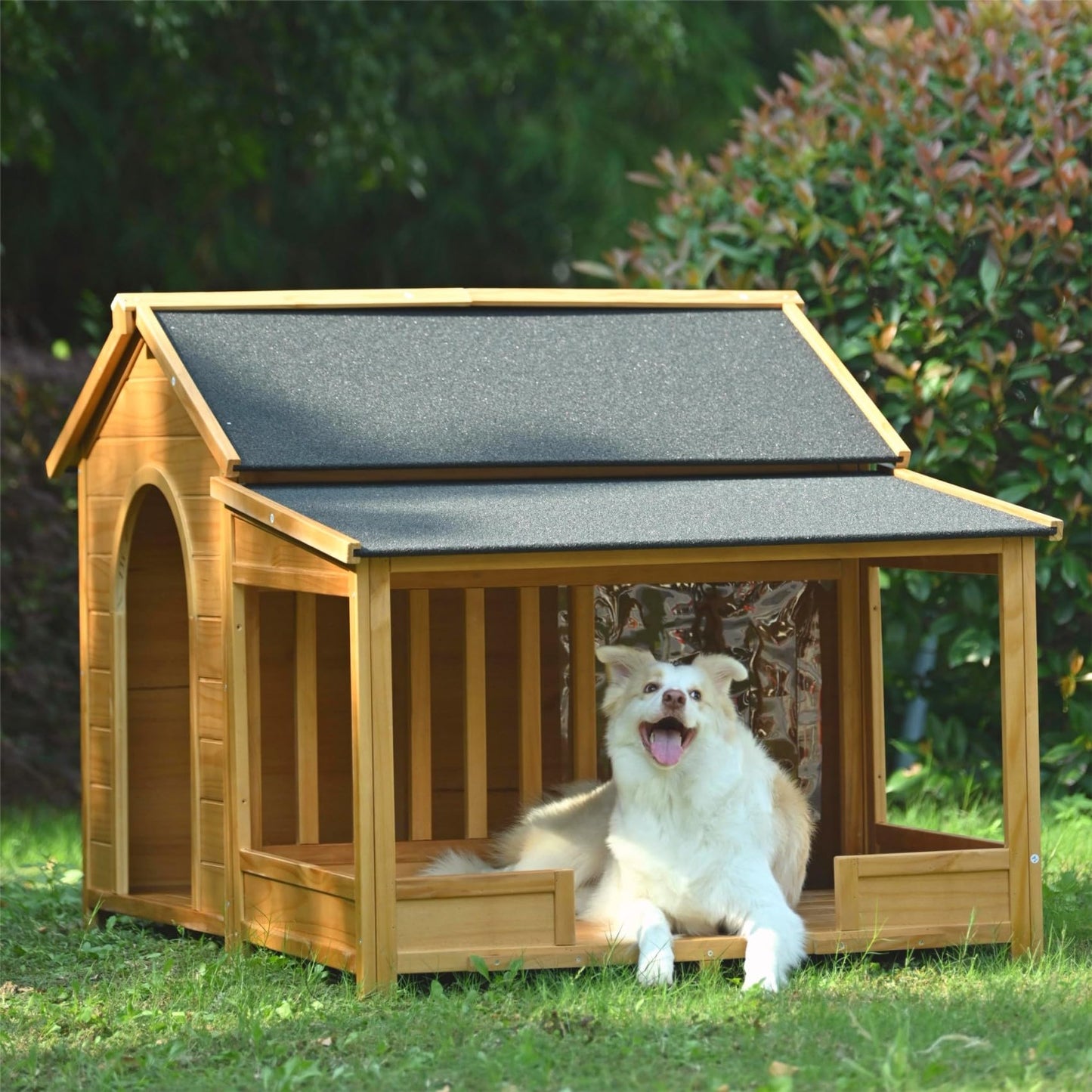 Merax 60.2" Wooden Dog House Outdoor, Extra Large Breed Outside Kennel with Weatherproof, Asphalt Roof, Elevated Floor, Fencing and Porch, for Medium & Large Dogs