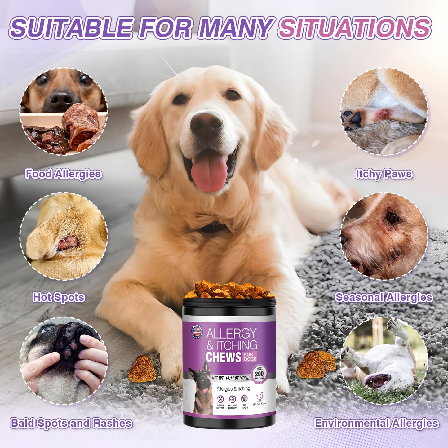 Dog Allergy Chews 200ct - Dog Allergy and Itching Skin Relief Anti Itch Aller Immune Bites for Dogs licking Itching Paws Treatment Itchy Relief Chew Probiotics Vitamins for Skin and Coat Allergies