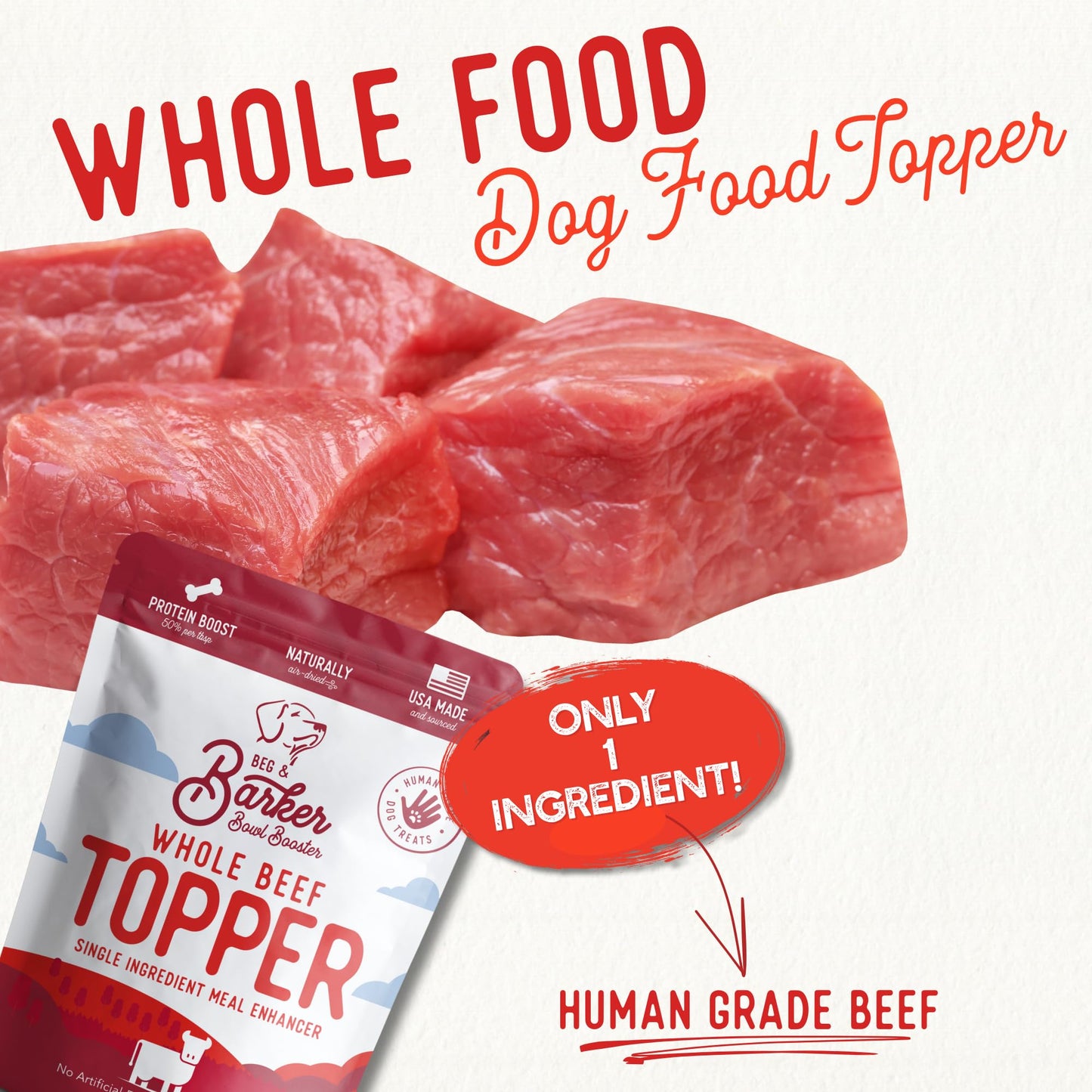 Beg & Barker Beef Dog Food Toppers (8 Ounce, Pack of 1) – 100% Made in USA Single Ingredient Meal Topper for Picky Eaters – Meal Enhancer with Whole Beef Heart – Meal Mixers for Dogs, Human Grade