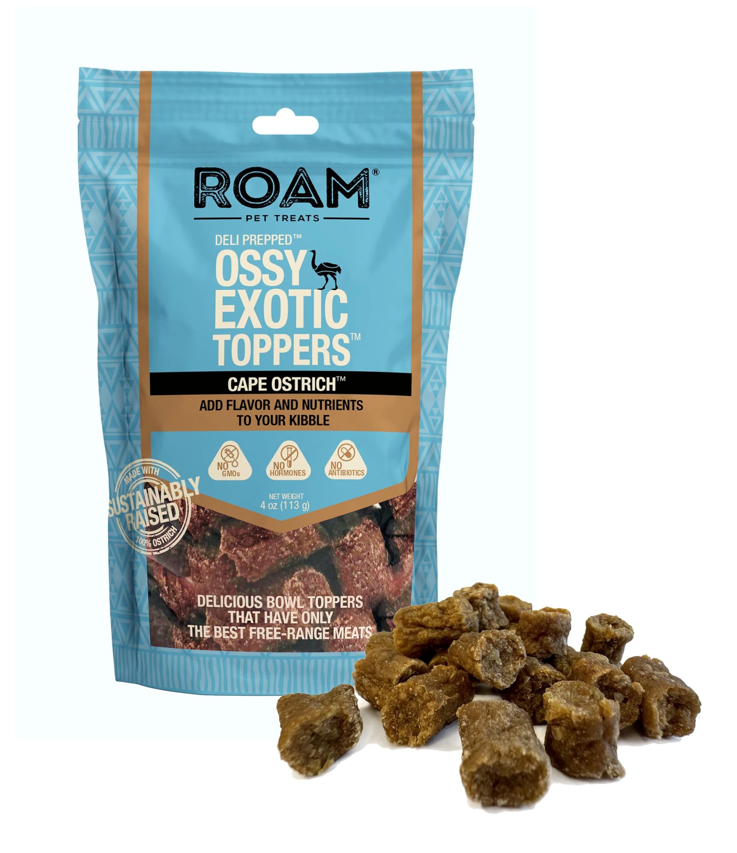 ROAM Pet Treats Ossy Exotic Dog Topper - Single Protein, Sustainably Raised Ostrich Meat Dog Food Topper - Non-GMO Ostrich Dog Treat 4 Ounce