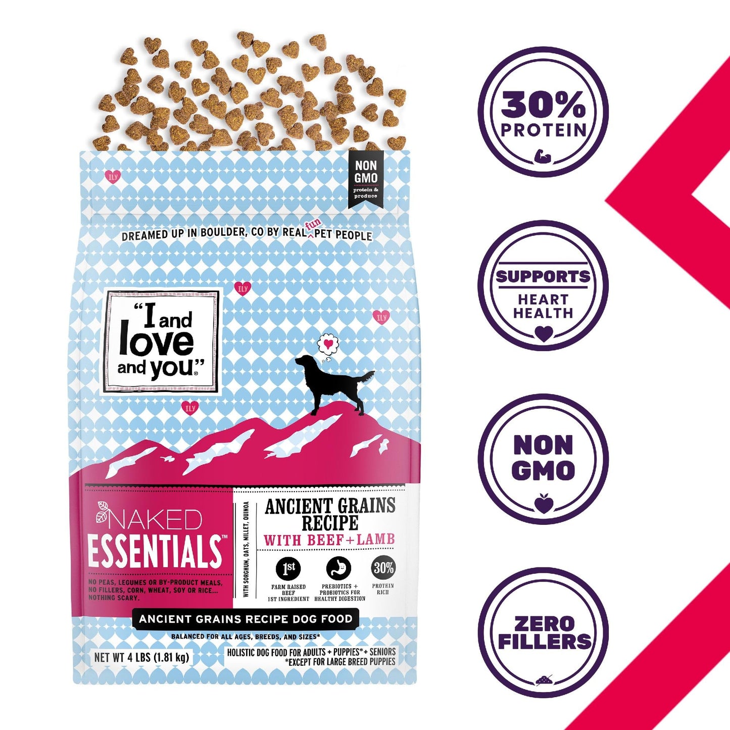 I and love and you Naked Essentials Ancient Grains Dry Dog Food - Lamb + Beef - High Protein, Real Meat, No Fillers, 4lb Bag