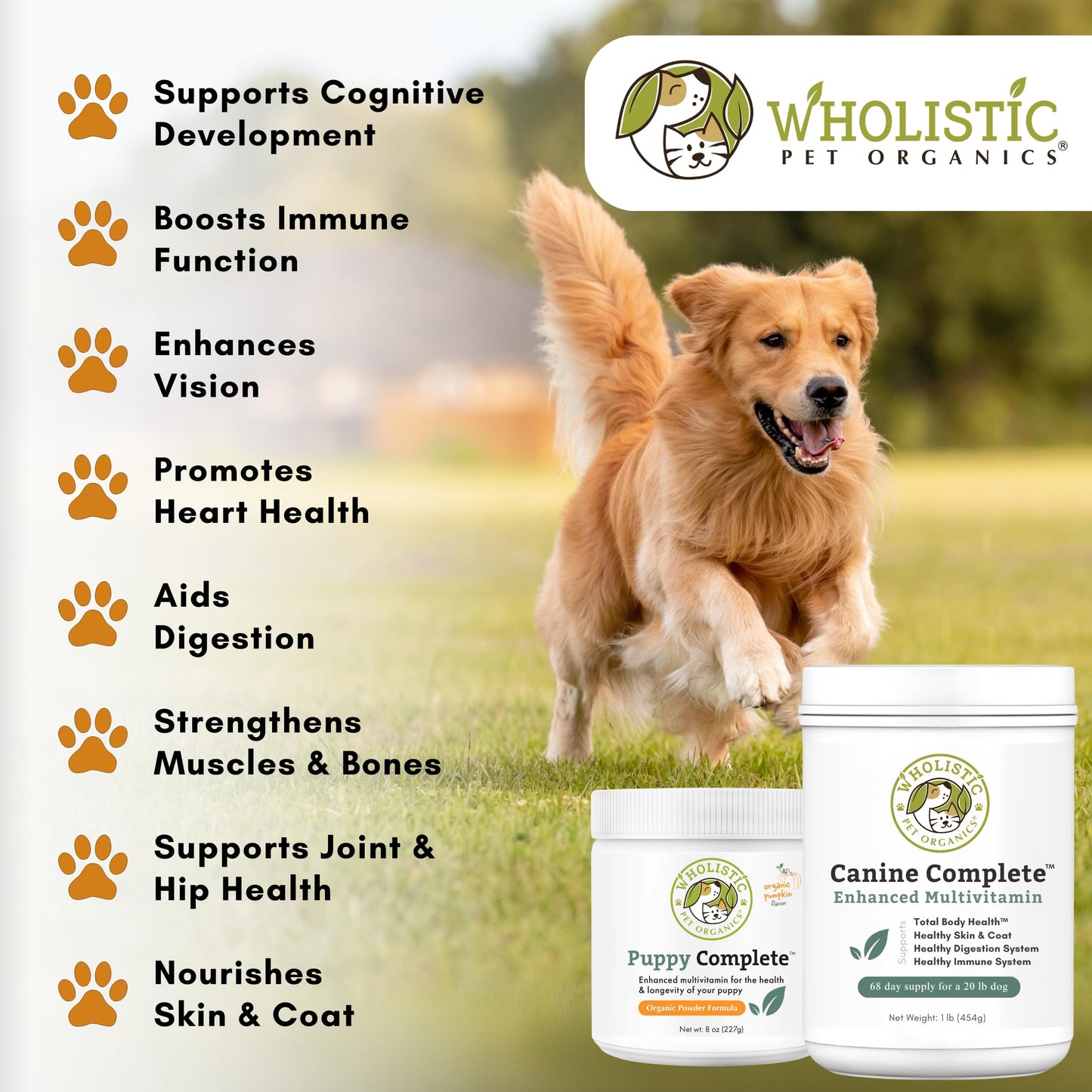 Wholistic Pet Organics Canine Complete - Dog Multivitamin Powder - 1 Lb - Daily Dog Vitamins and Supplements for Homemade Food - Immune System, Skin, Coat & Overall Health - Small and Large Breed