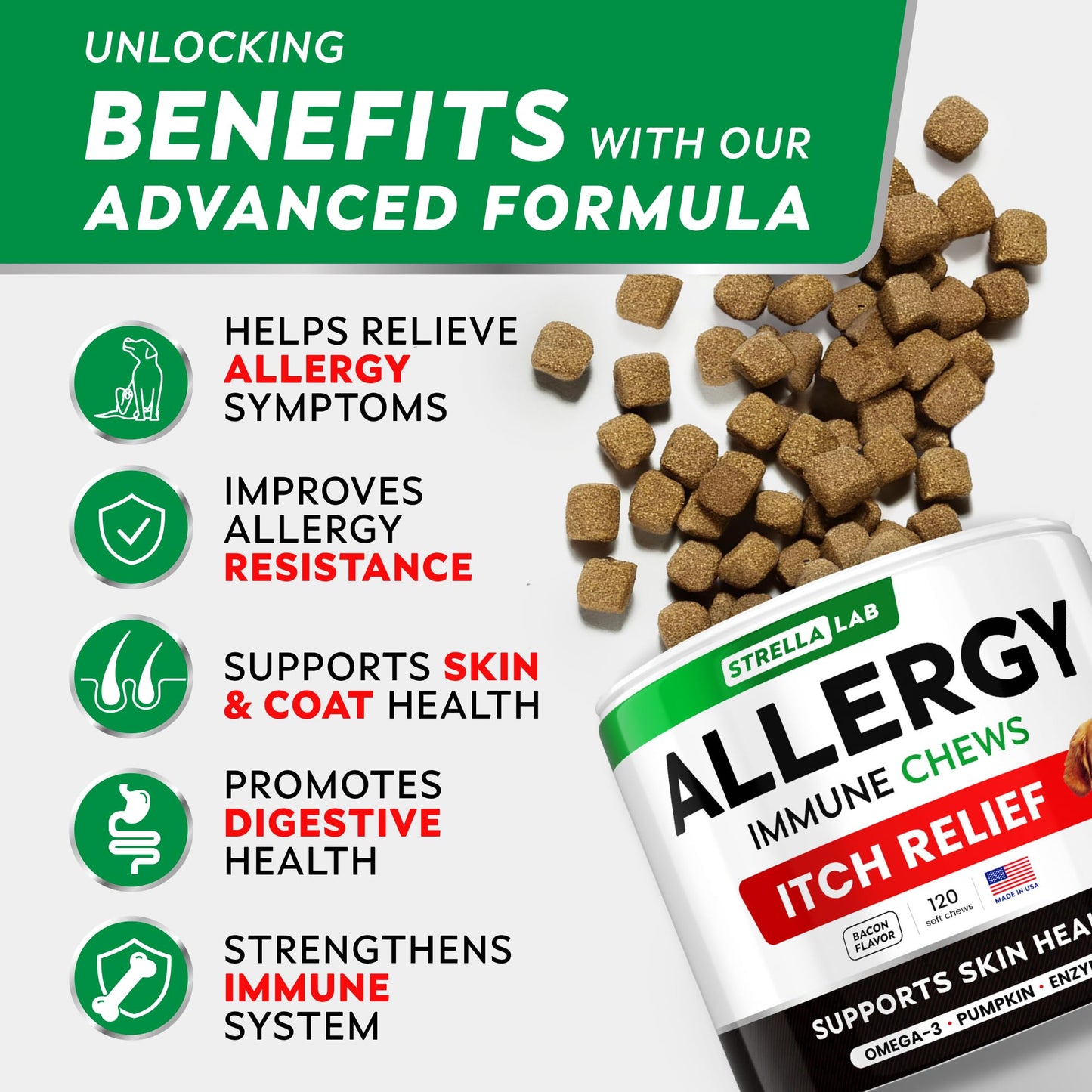 StrellaLab Dog Allergy Relief & Anti Itch Support Chews w/Omega 3: Real Ingredients, Real Taste! Skin & Coat Immune Supplement w/Fish Oil, Pumpkin & Enzymes — Developed by Experts - Made in USA -120Ct