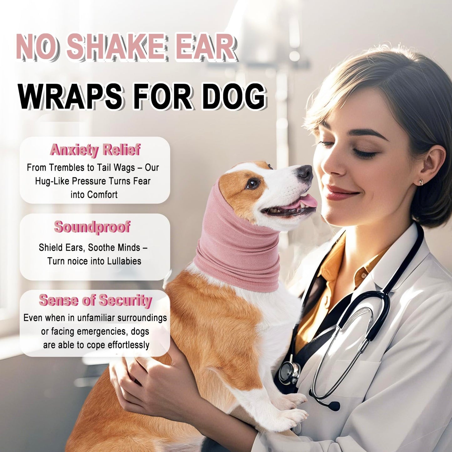 Meifsou Calming Hoodie for Dogs - Stretchy Dog Ear Cover, No Shake Anxiety Head Wrap Quiet Ears, Pet Snoods for Thunder, Lightning, Fireworks, Vet Visits, Grooming, Rabbit Plush Fabric, Pink L
