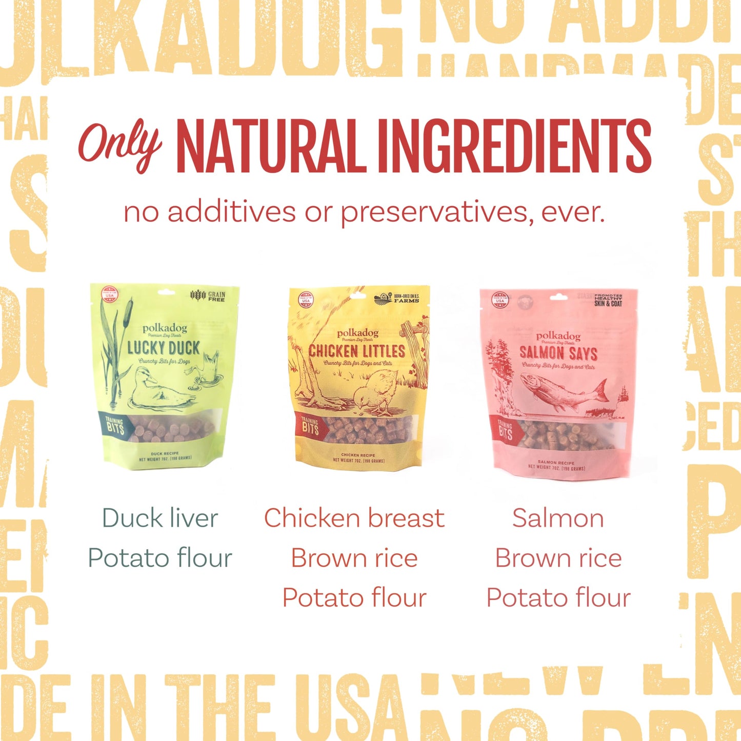 Polkadog Crunchy Training Bits Variety 3-Pack – Includes Chicken Littles, Lucky Duck, Salmon Says – All Natural Training Treats, Handcrafted in USA. Great for Dogs with Allergies – 7oz (Pack of 3)
