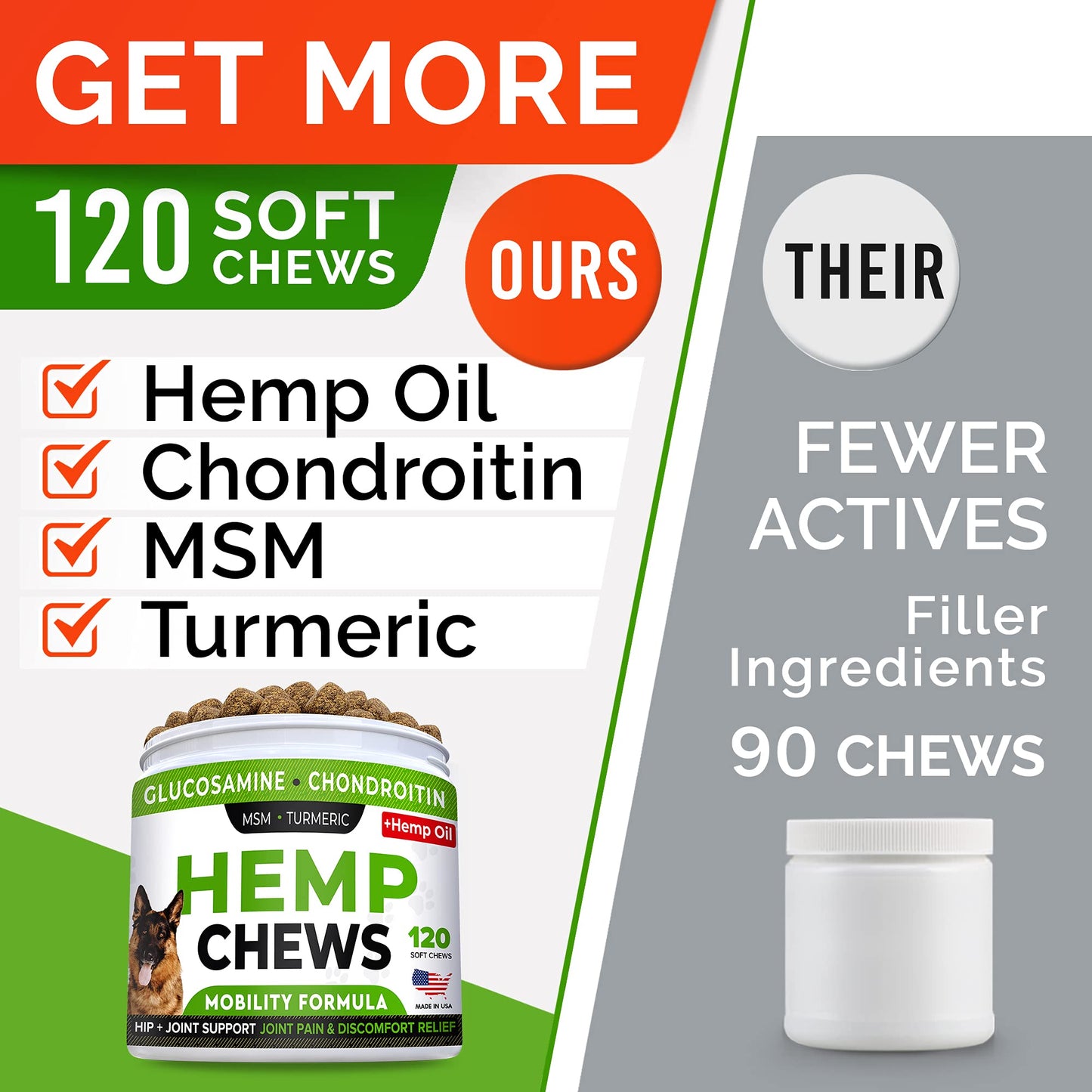 STRELLALAB Hemp Treats + Glucosamine for Dogs - Hip & Joint Supplement - w/Hemp Oil + Protein - Chondroitin, MSM, Turmeric to Improve Mobility & Energy - Natural Joint Pain Relief - Bacon Flavor