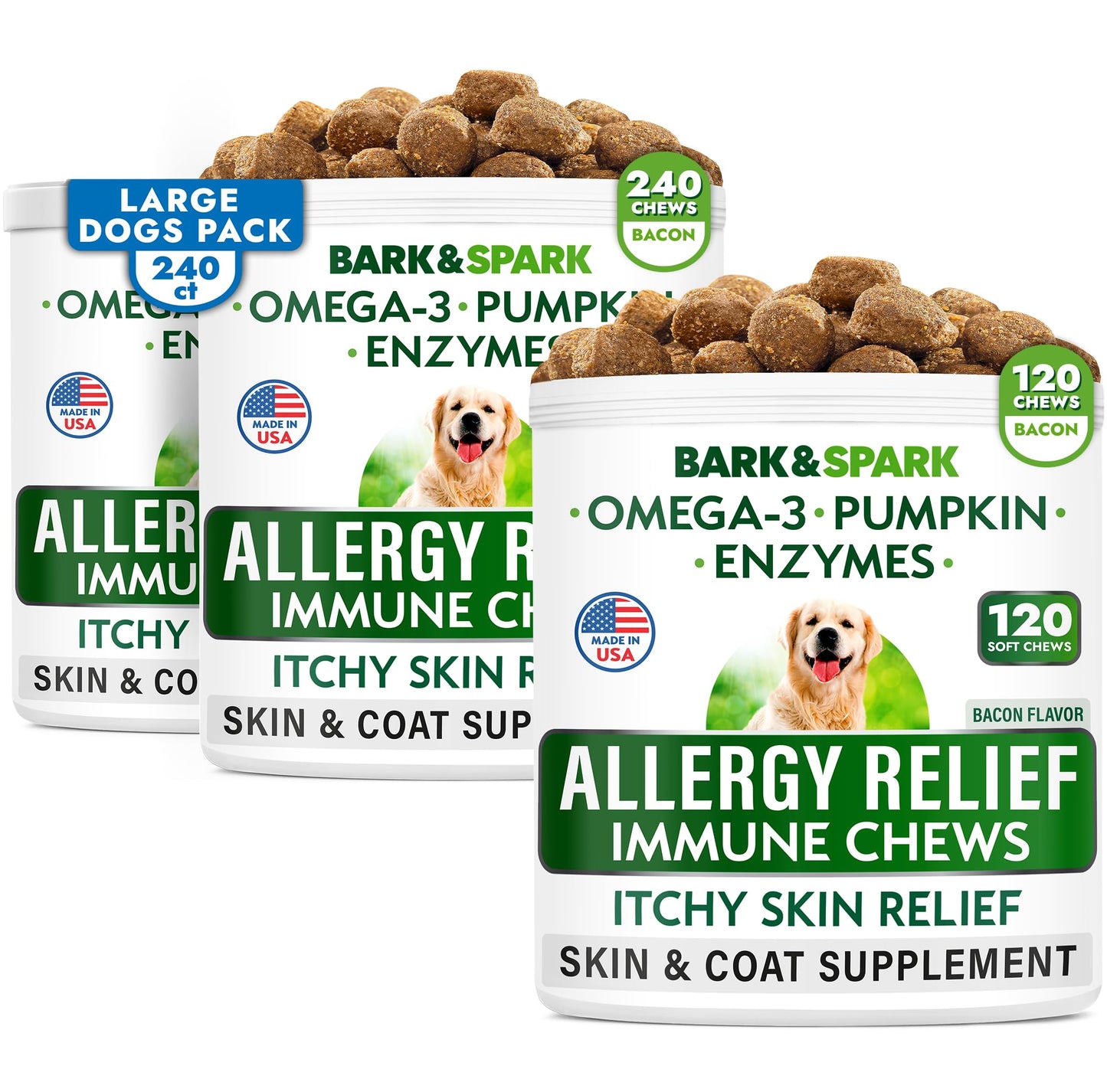 Dog Allergy Relief Chews Bundle - Anti-Itch Skin & Coat Supplement - Omega 3 Fish Oil - Itchy Skin Relief Treatment Pills - Itching & Paw Licking - Dry Skin&Hot Spots - (360 Immune Treats - Bacon)