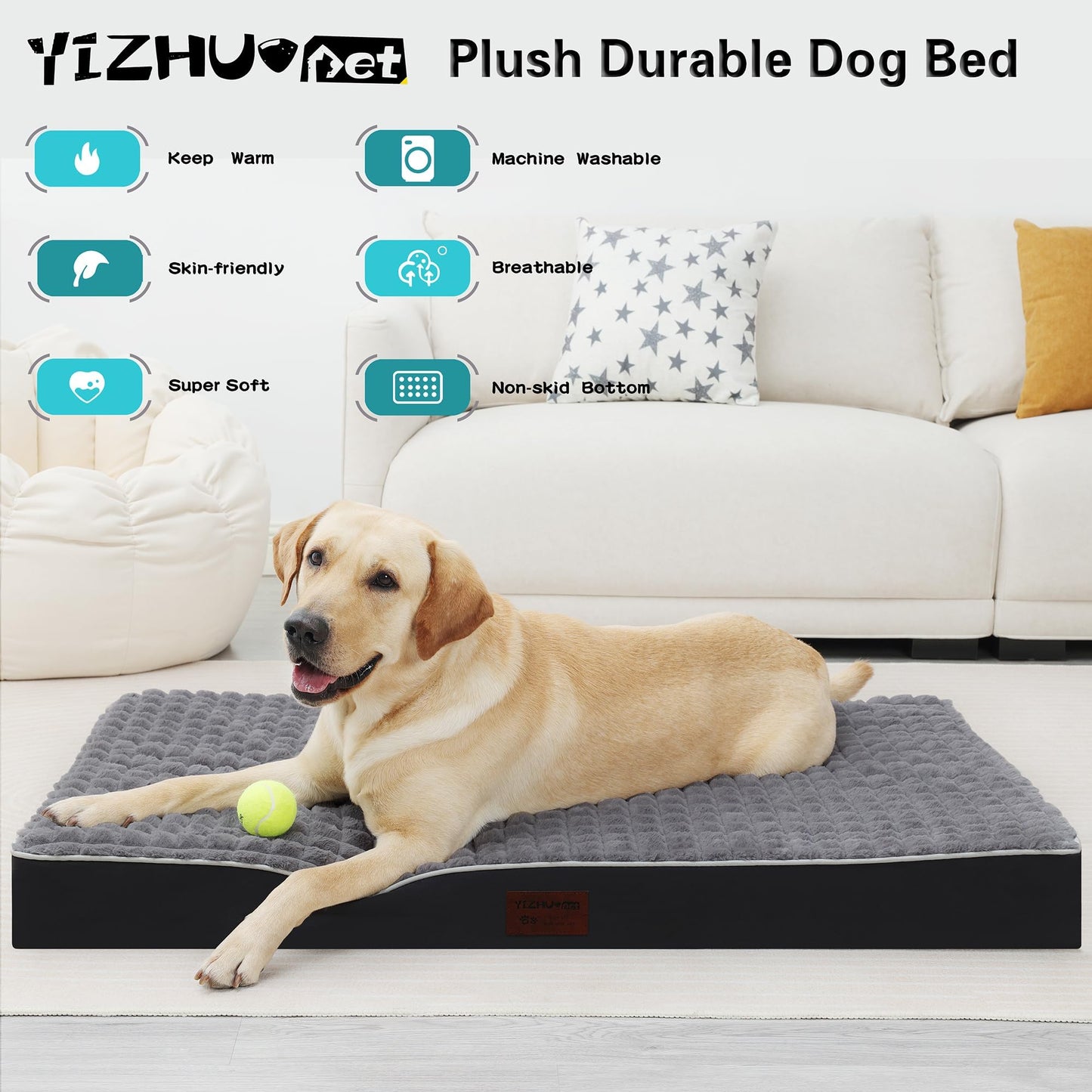 YIZHUOPET Dog Bed, Waterproof Orthopedic Dog Beds for Large/Medium/Small Dogs, Dog Crate Pad with Removable Washable Pet Mat Cover, Non-Slip Bottom (L(36''x27''x3''), Grey Side