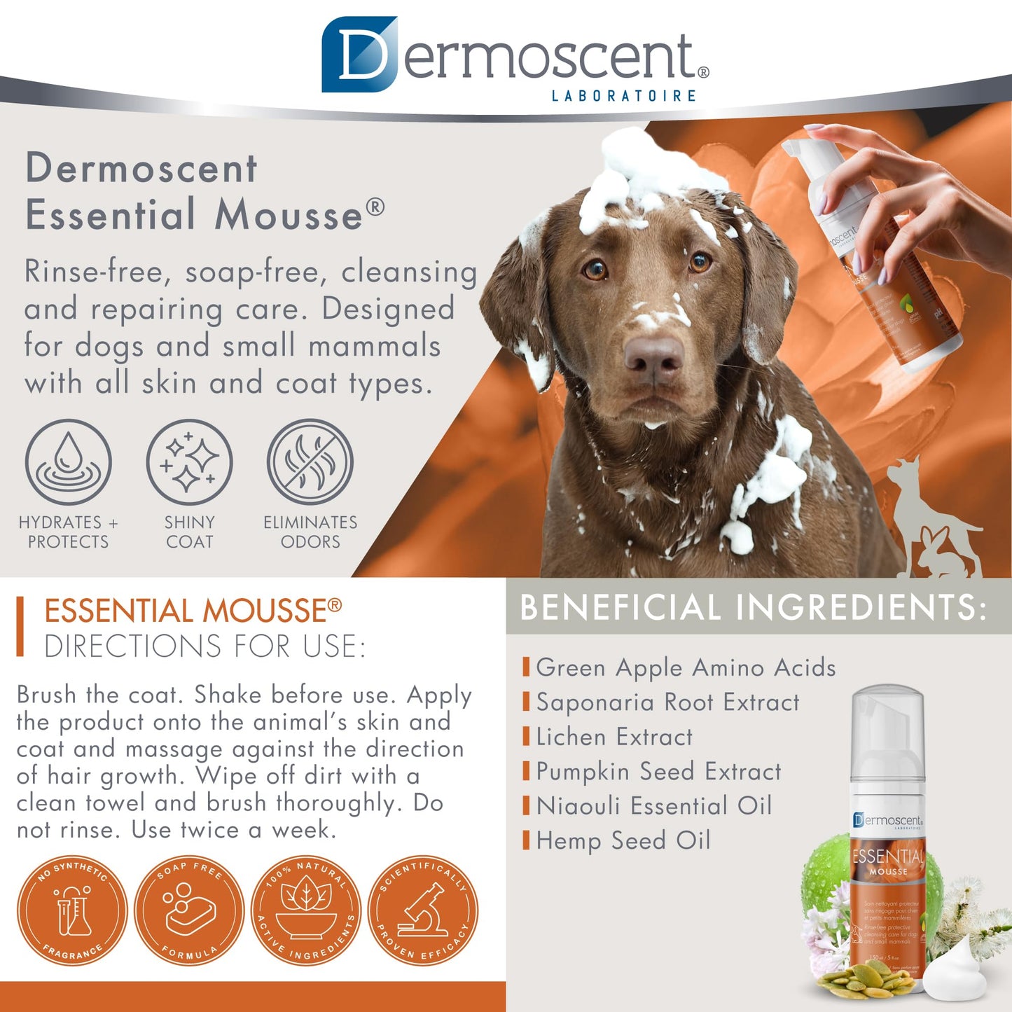 Dermoscent Essential Mousse - Dry Shampoo for Dogs & Small Mammals - Rinse Free Foam to Cleanse Skin & Coat - Odour Control for Smelly Pets - Soap Free - 150ml