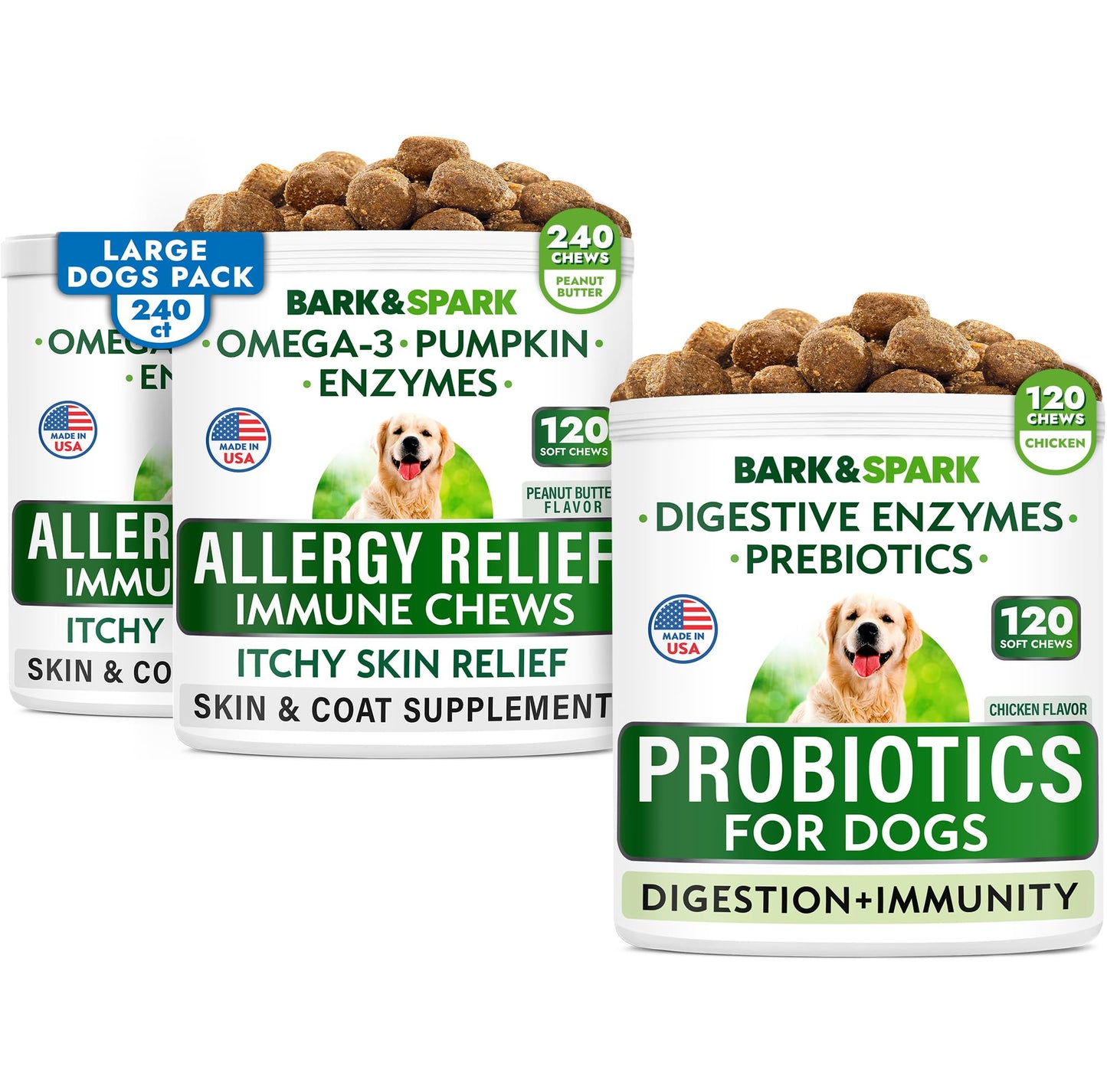 Allergy Relief + Probiotics & Digestive Enzymes for Dogs - Anti-Itch Skin & Coat Supplement - Omega 3 Fish Oil - Gut Health - Pet Diarrhea Gas Treatment, Upset Stomach Relief Pills, Digestion Health
